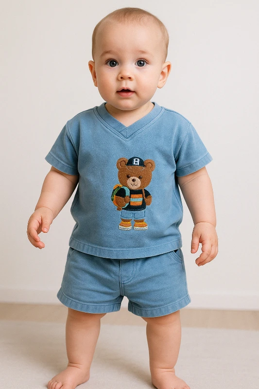 Baby Buu Yazlık Ayıcık Nakışlı 2’li Kot Bebek Takım - Mavi