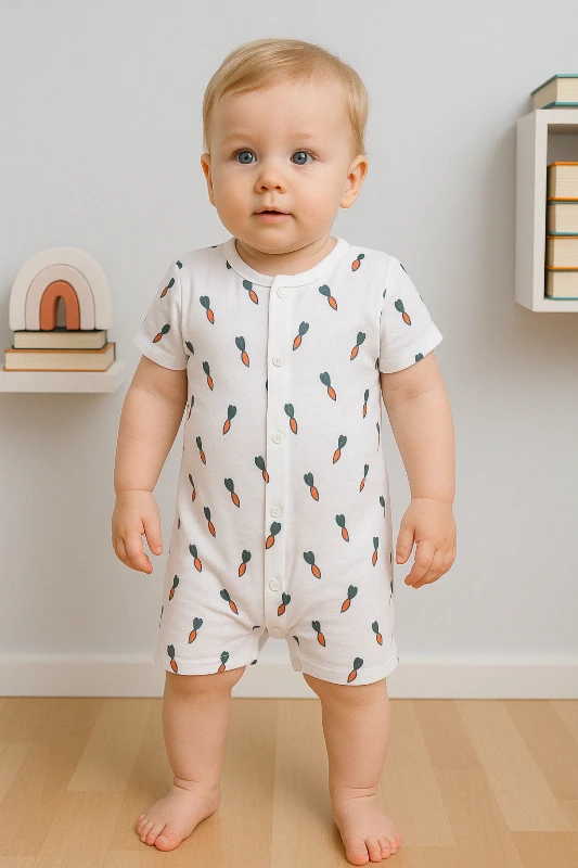 Baby Buu Yazlık Havuç Baskılı Müslin Baskılı Çıtçıtlı Bebek Tulum - Beyaz