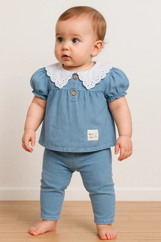 Baby Buu Yazlık Önlük Yakalı 2’li Kot Bebek Takım - Mavi