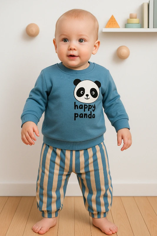 Mini Mundo Panda Baskılı Pantolonu Çizgili 2’li Bebek Takım - Mavi
