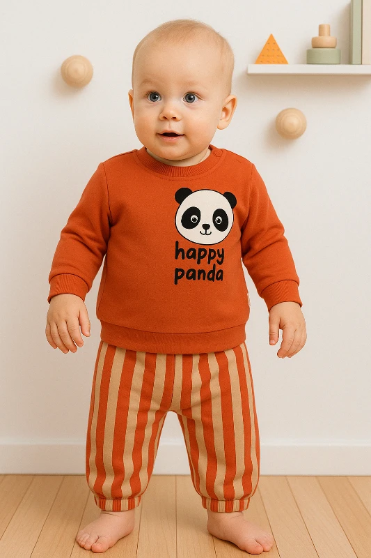 Mini Mundo Panda Baskılı Pantolonu Çizgili 2’li Bebek Takım - Turuncu