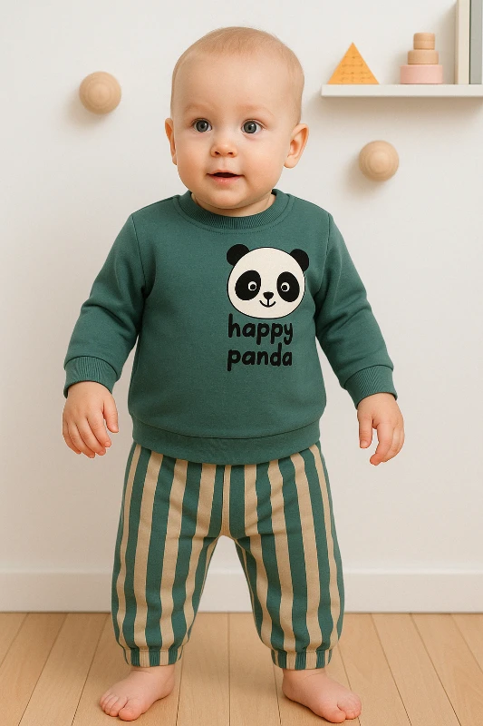 Mini Mundo Panda Baskılı Pantolonu Çizgili 2’li Bebek Takım - Yeşil