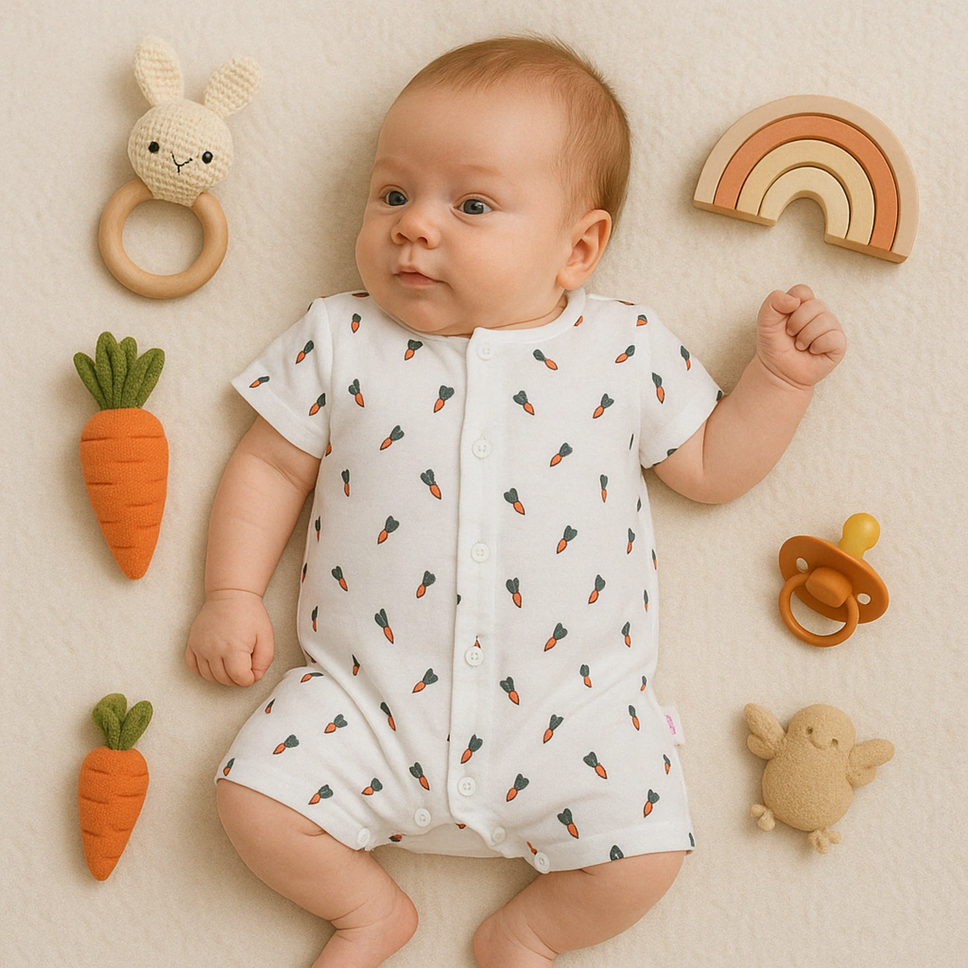 Baby Buu Yazlık Havuç Baskılı Müslin Baskılı Çıtçıtlı Bebek Tulum - Beyaz