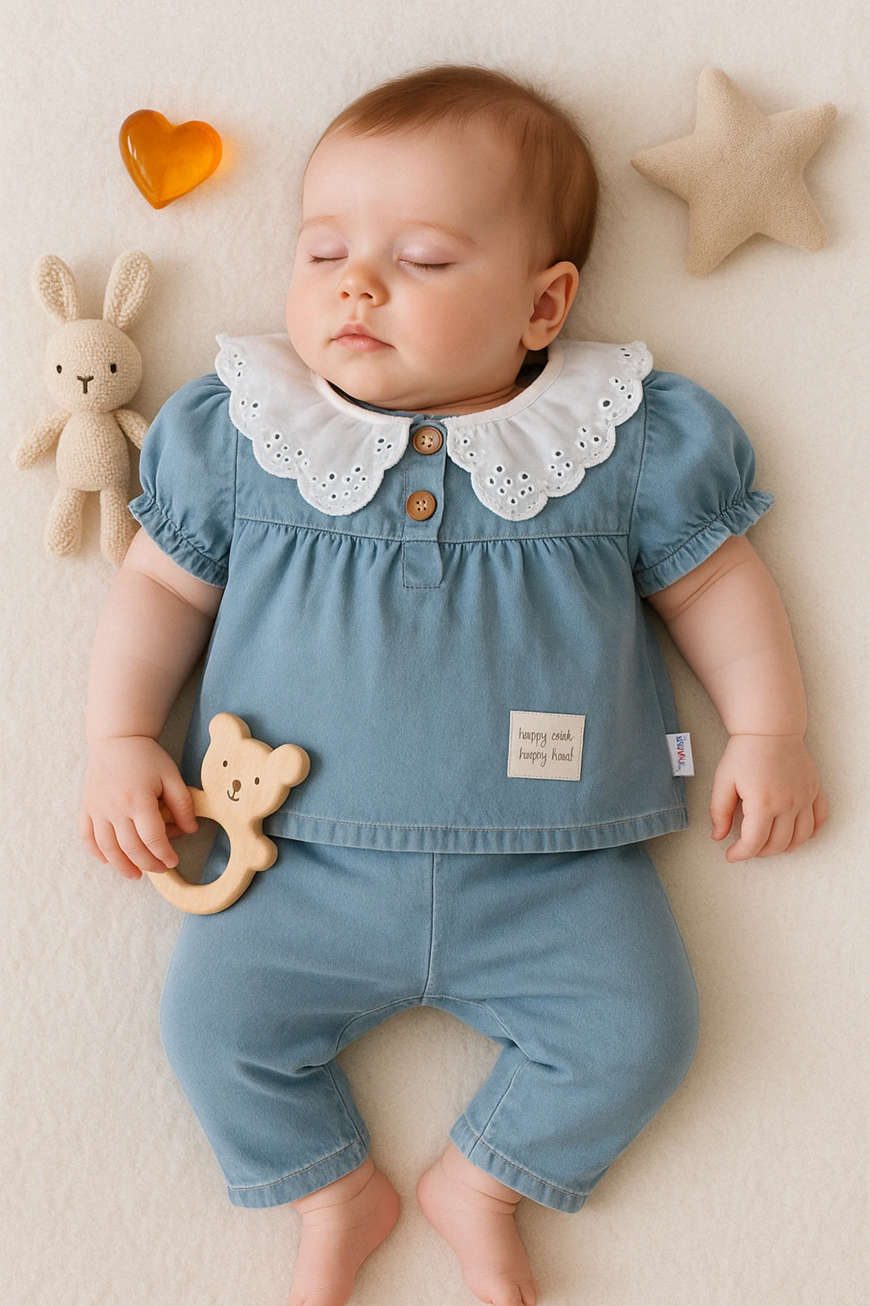 Baby Buu Yazlık Önlük Yakalı 2’li Kot Bebek Takım - Mavi
