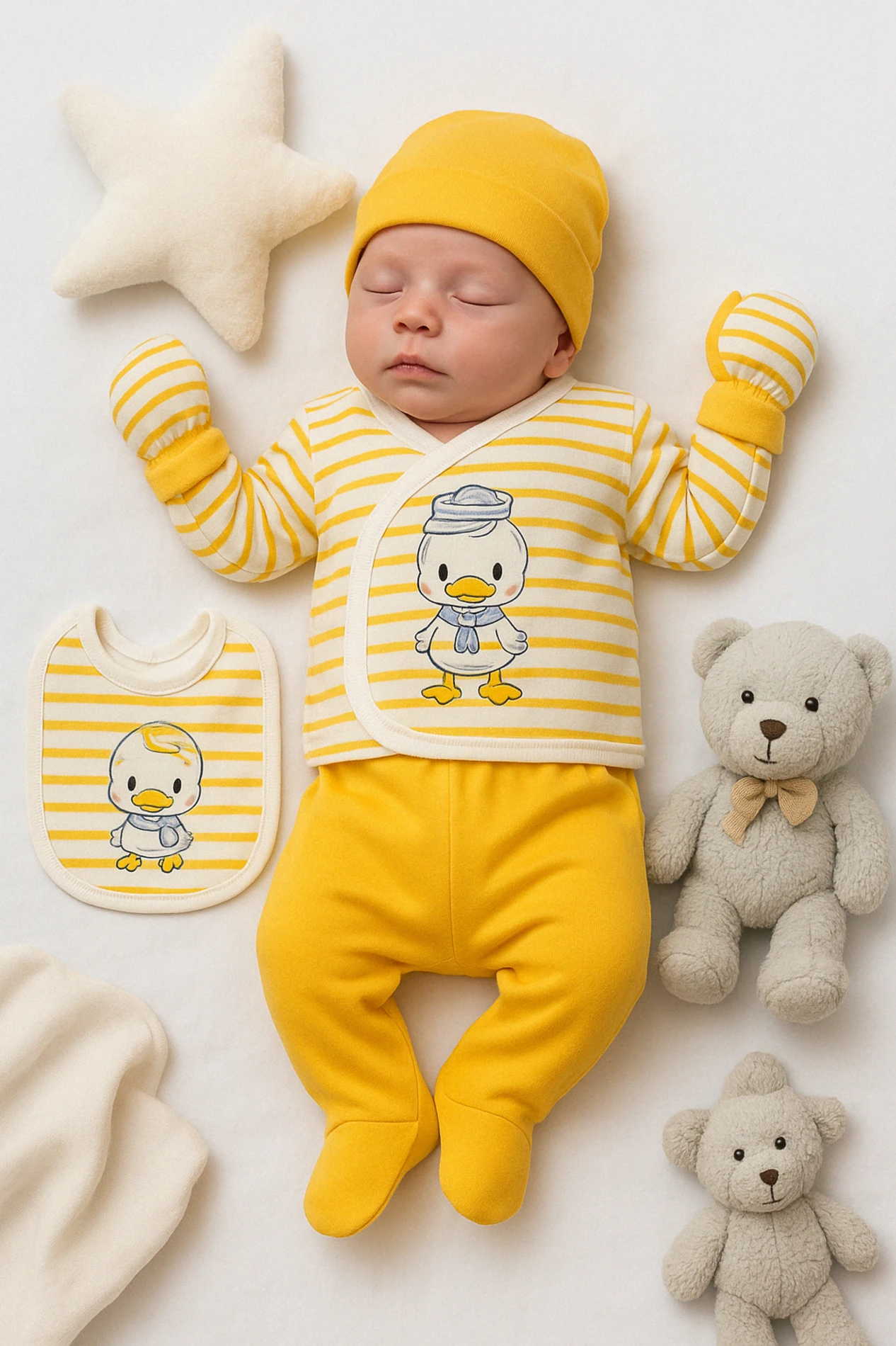 Baby Zuhu Ördek Nakışlı 5 Parça Hastane Çıkışı Seti