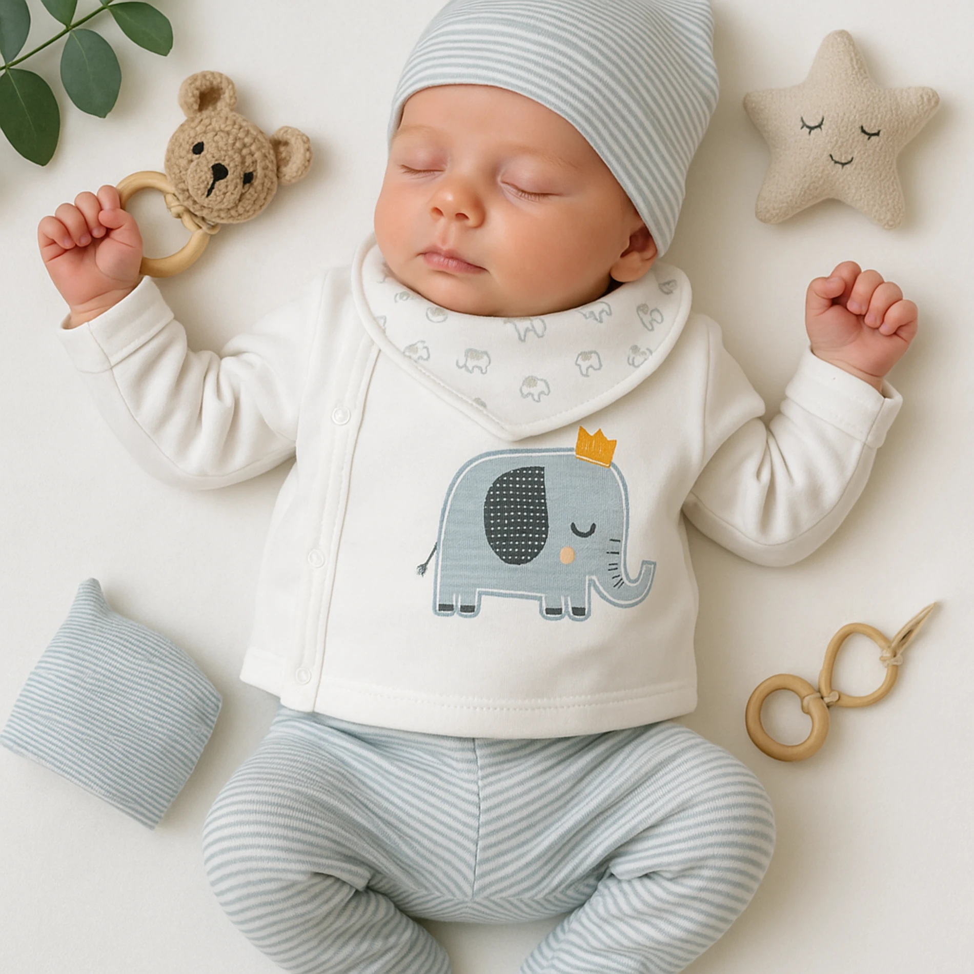 Babycan Çizgili Fil Nakışlı Şapkalı 3 Parça Zıbın Set