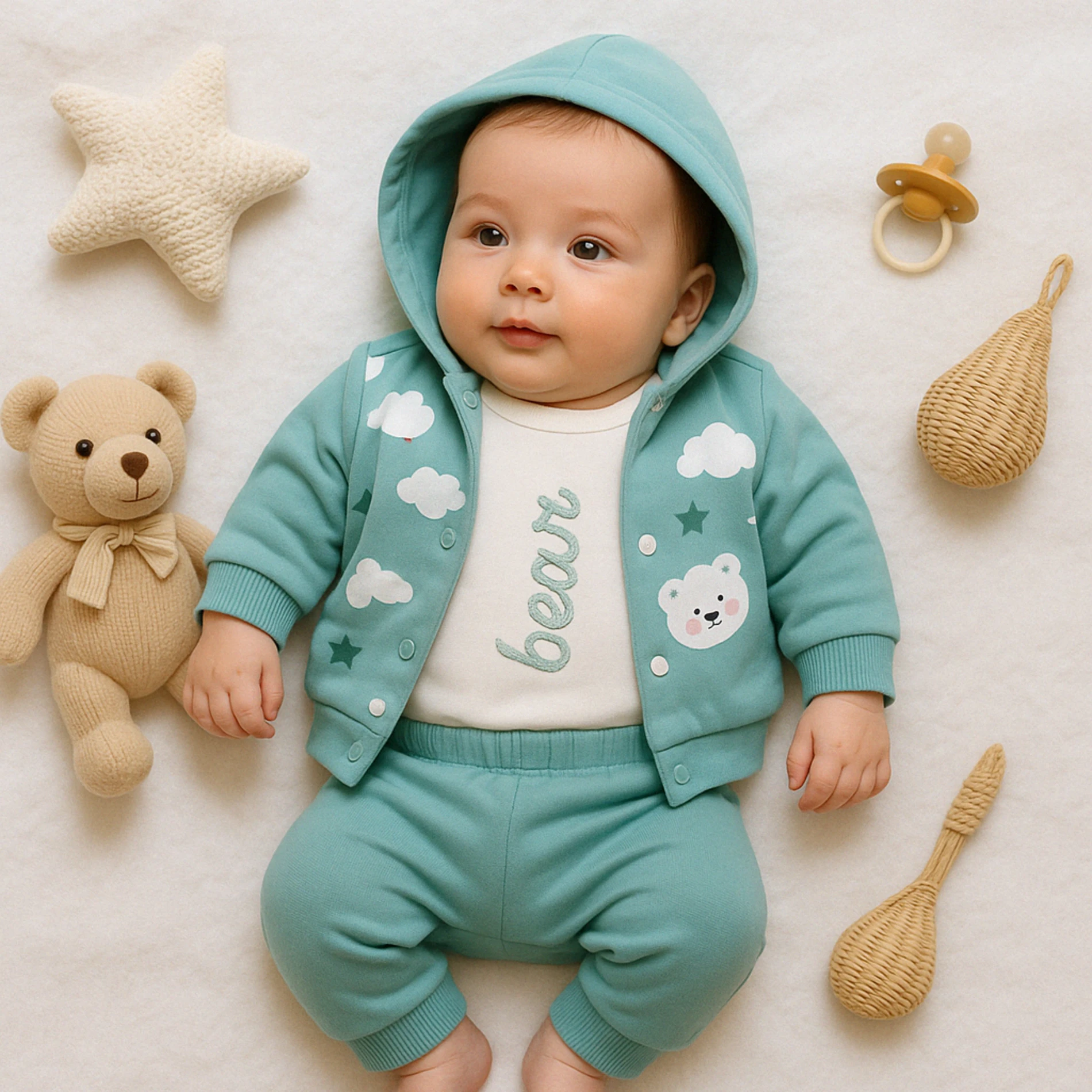 Babyim Hırkalı Mini Bear Nakışlı Badili 3’lü Bebek Takım - Yeşil 