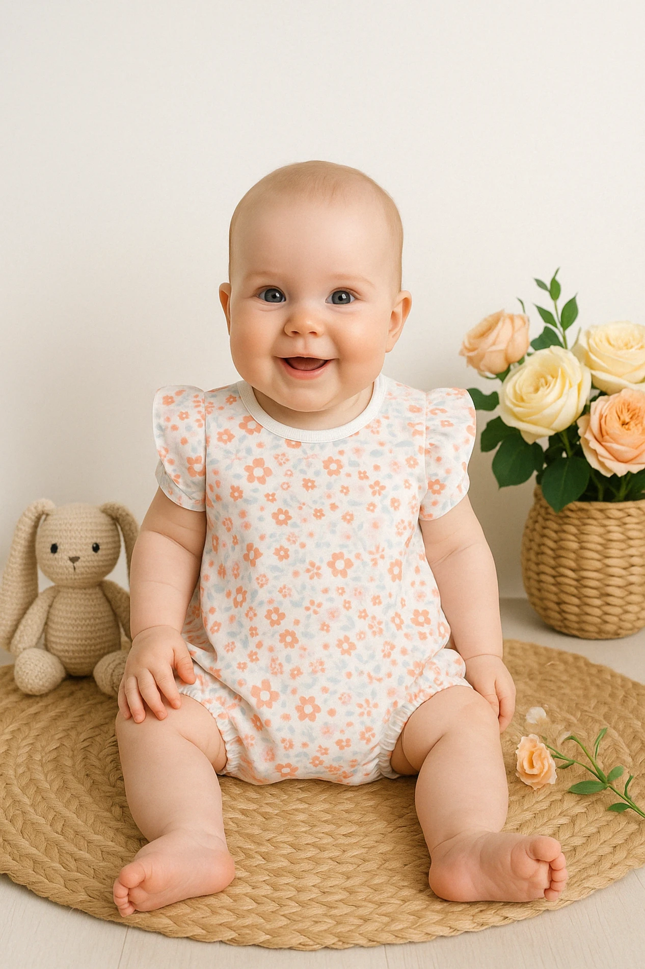 Babymii Yazlık Çiçek Desenli Karpuz Kol Bebek Tulum