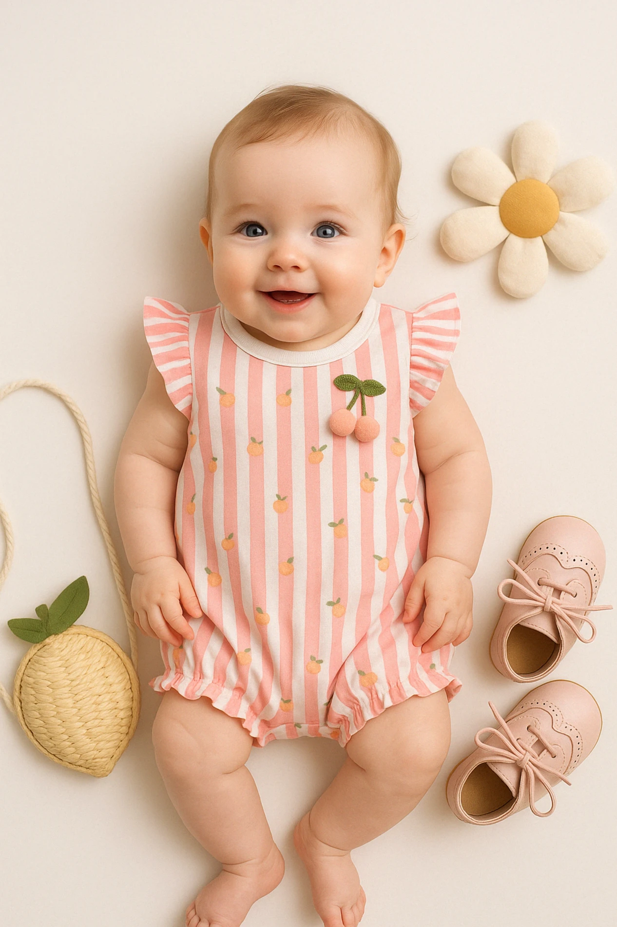 Babymii Yazlık Kiraz Aksesuarlı Çizgili Bebek Tulum - Pembe