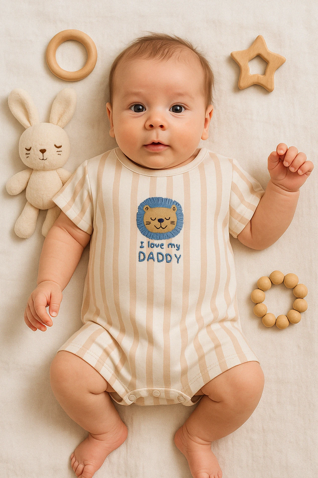 Babymii Yazlık Püsküllü Aslan Nakışlı Çizgili Bebek Tulum - Bej