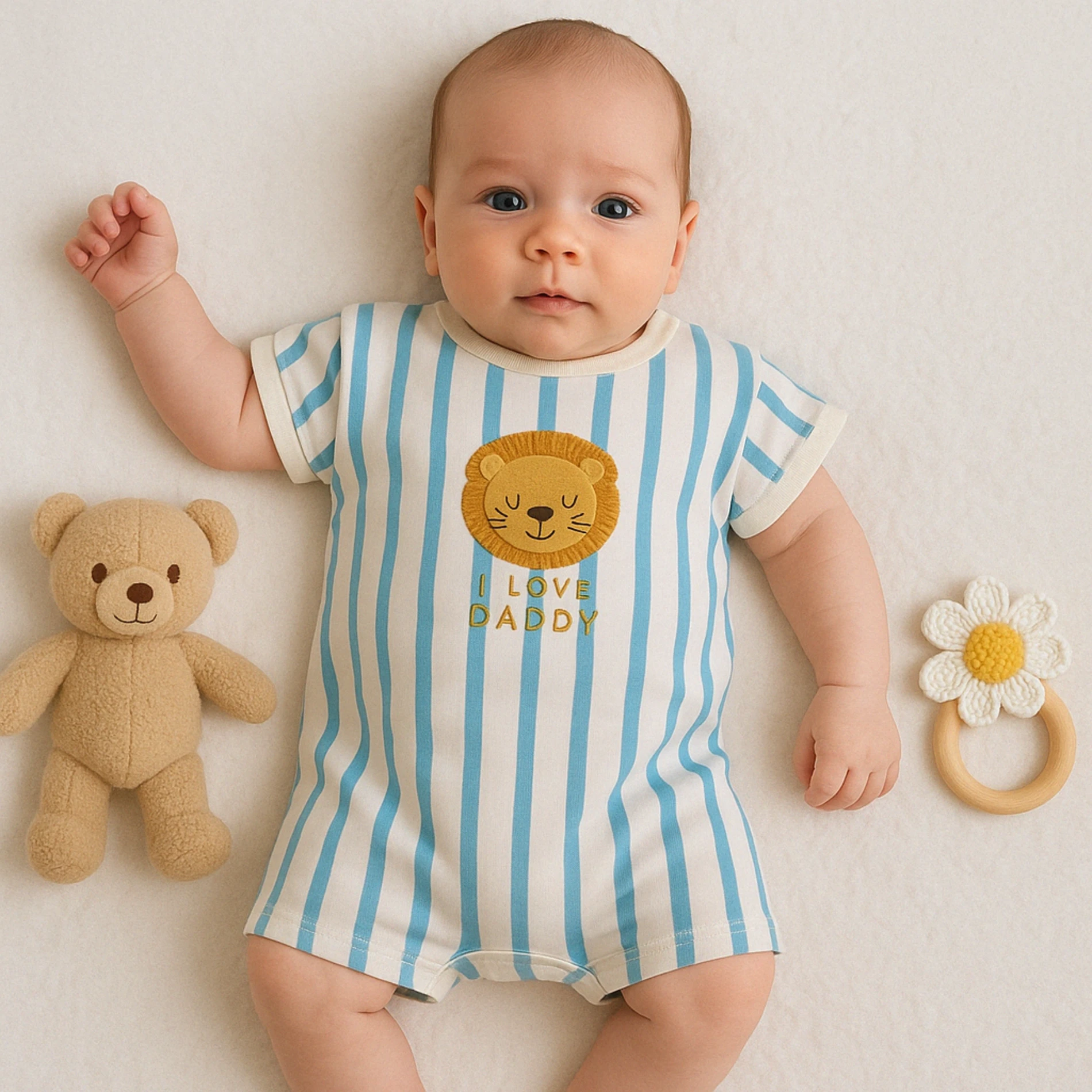 Babymii Yazlık Püsküllü Aslan Nakışlı Çizgili Bebek Tulum - Mavi