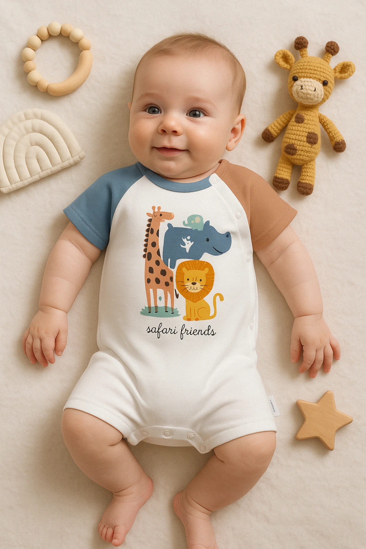 Babymii Yazlık Safari Friends Omuzdan ve Alttan Çıtçıtlı Bebek Tulum - Mavi Kahverengi