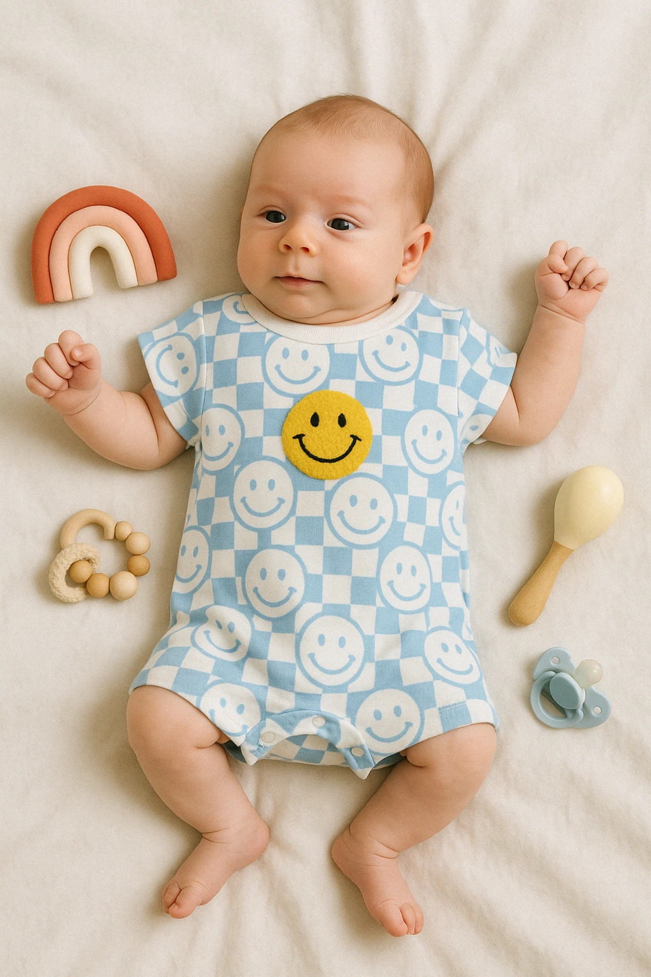 Babymii Yazlık Süzene Smile Nakışlı Bebek Tulum - Mavi