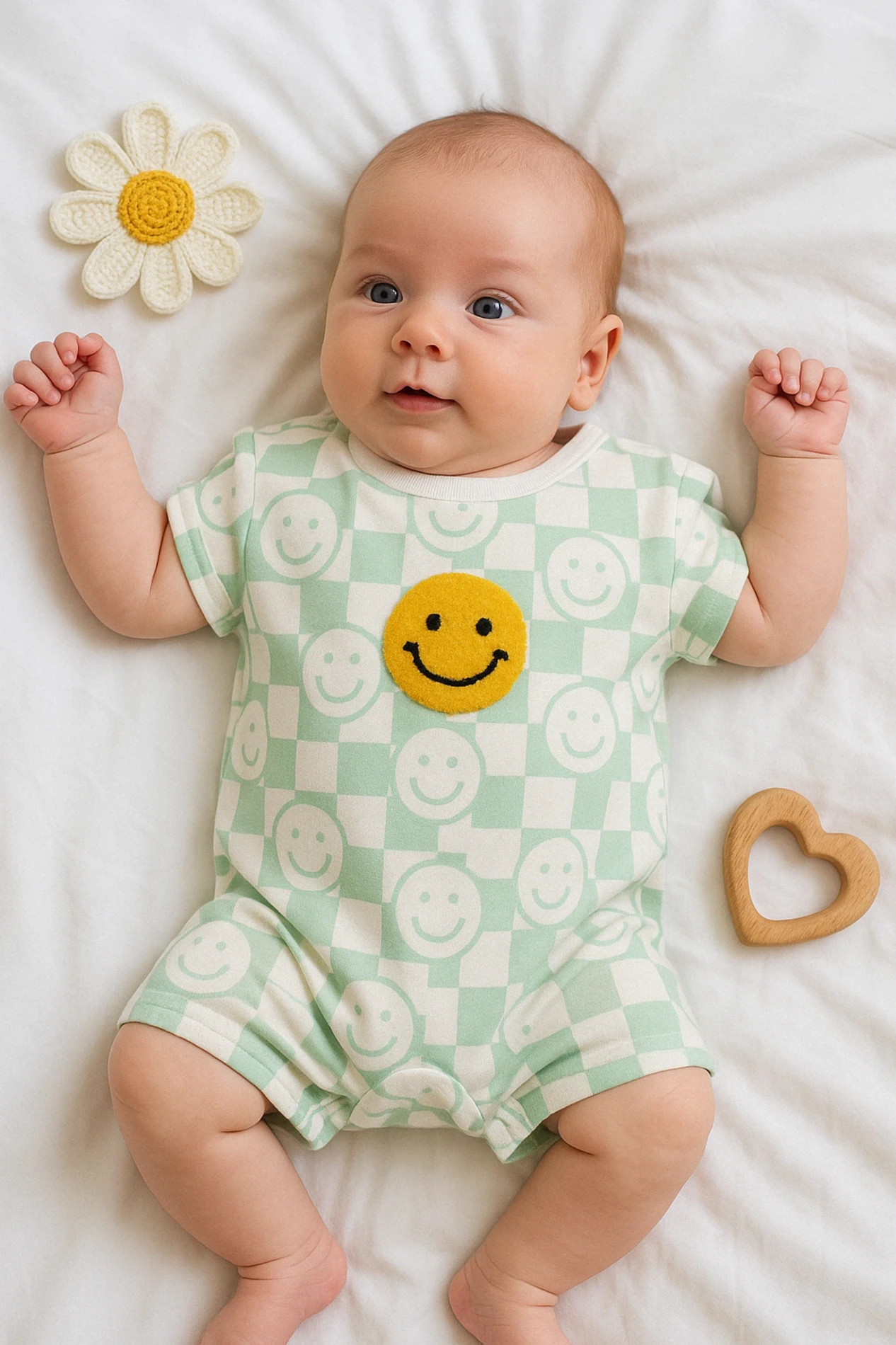 Babymii Yazlık Süzene Smile Nakışlı Bebek Tulum - Yeşil