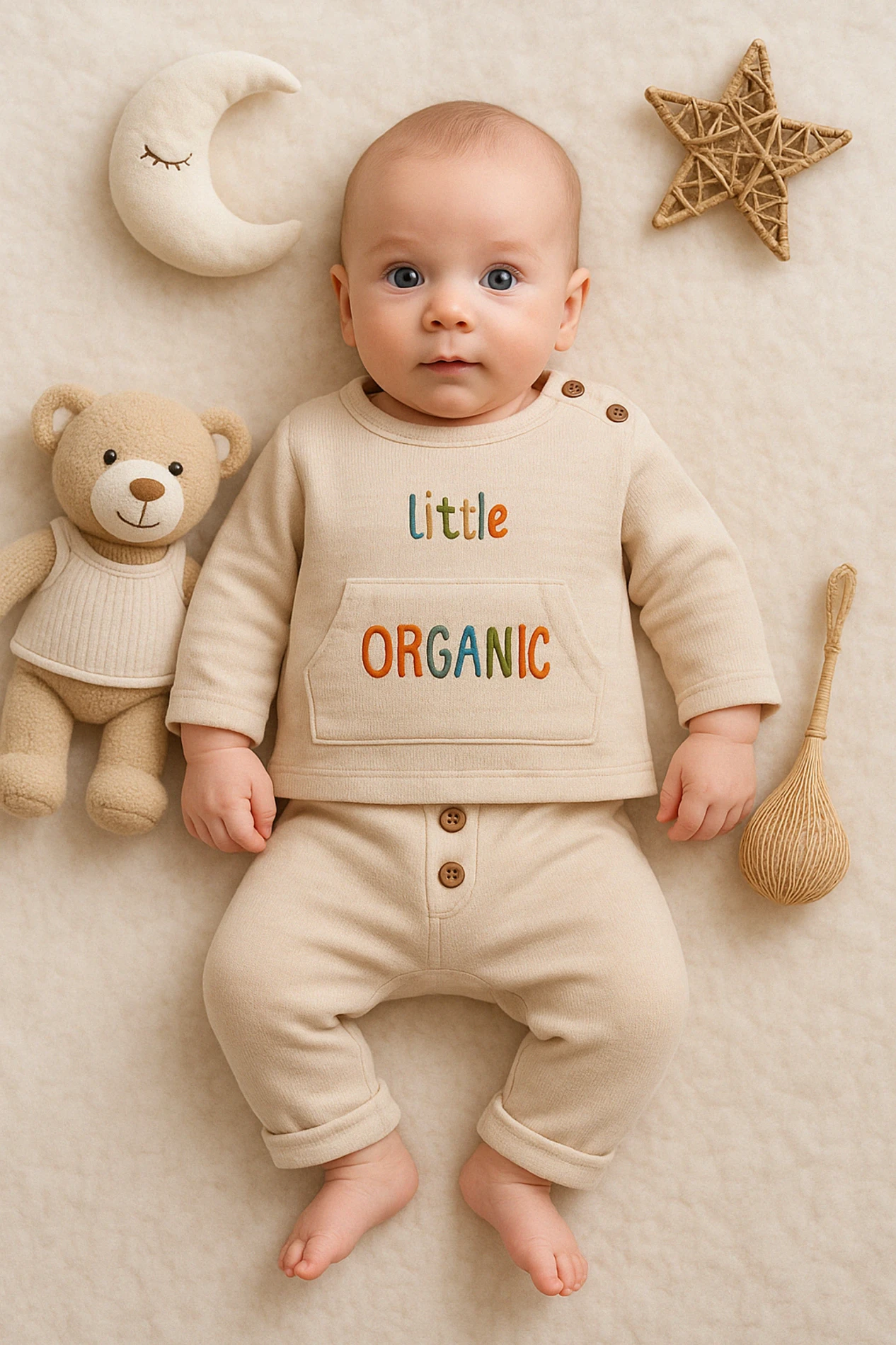 Babymilk Little Organic Nakışlı Önden Cepli 2’li Bebek Takım - Krem