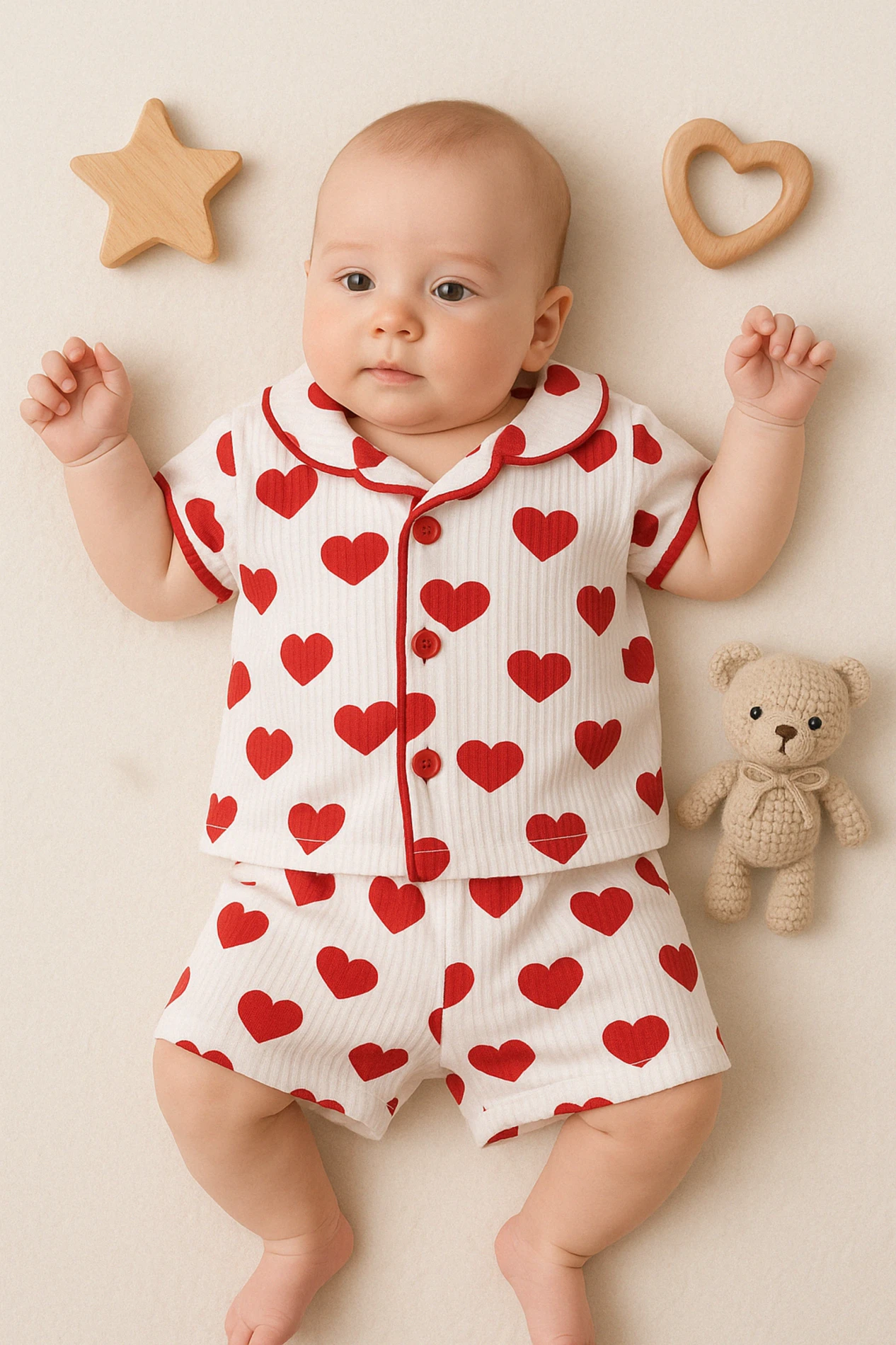 Dolaş Kids Yazlık Kalp Baskılı Raporlu Kumaş 2’li Bebek Pijama Takım