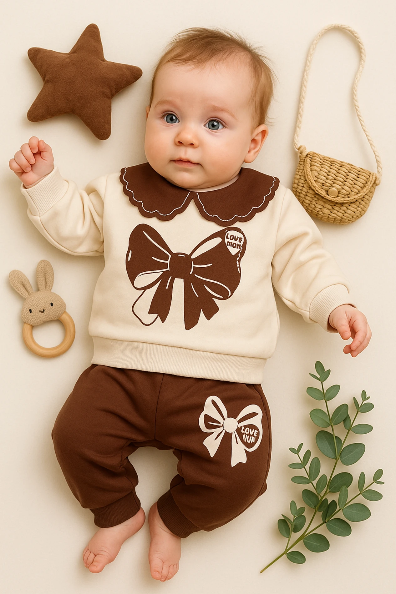Kiddimax Fiyonklu Önlük Yakalı 2’li Bebek Takım