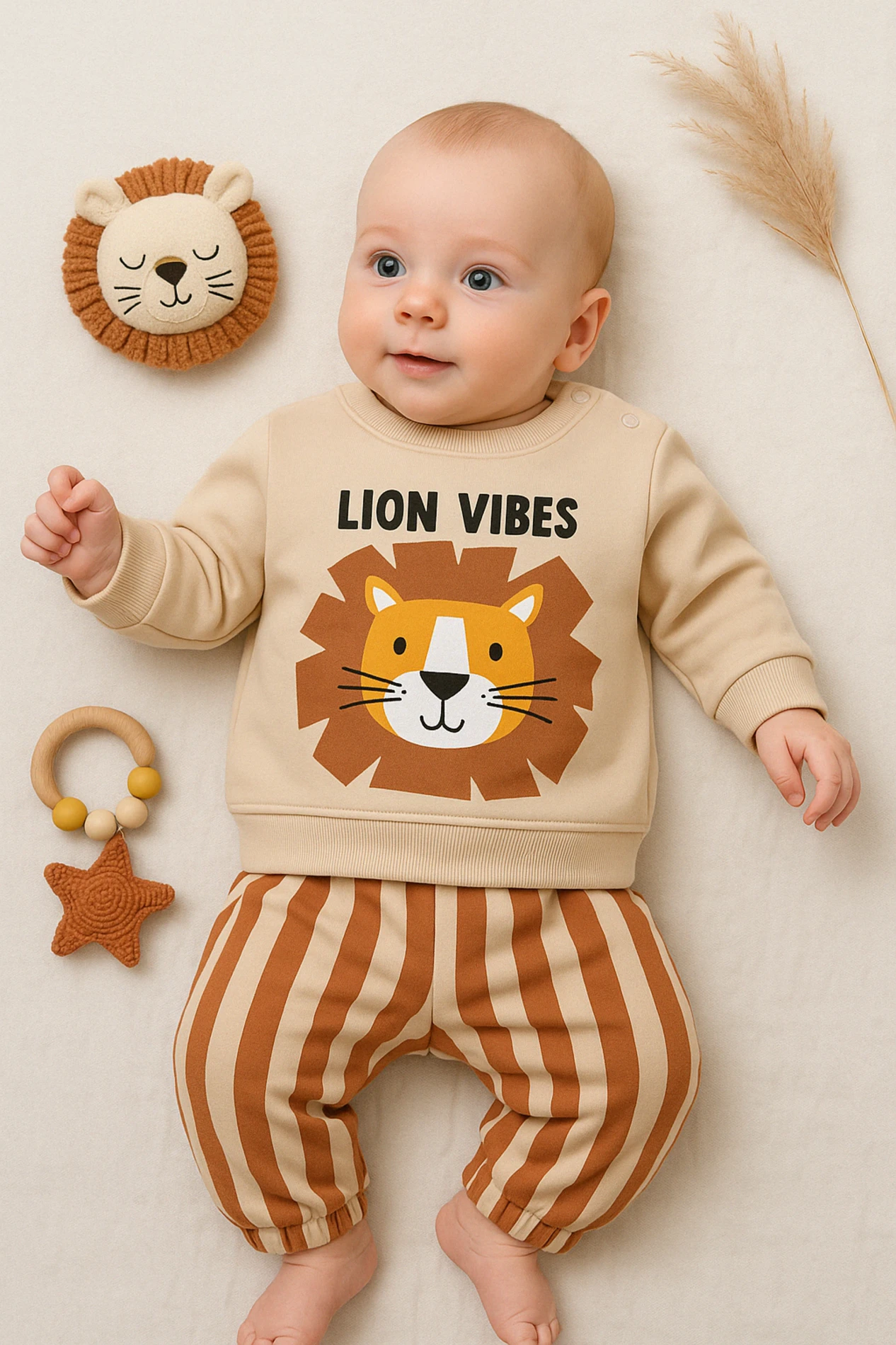 Mini Mundo Aslan Baskılı Pantolonu Çizgili 2’li Bebek Takım - Bej