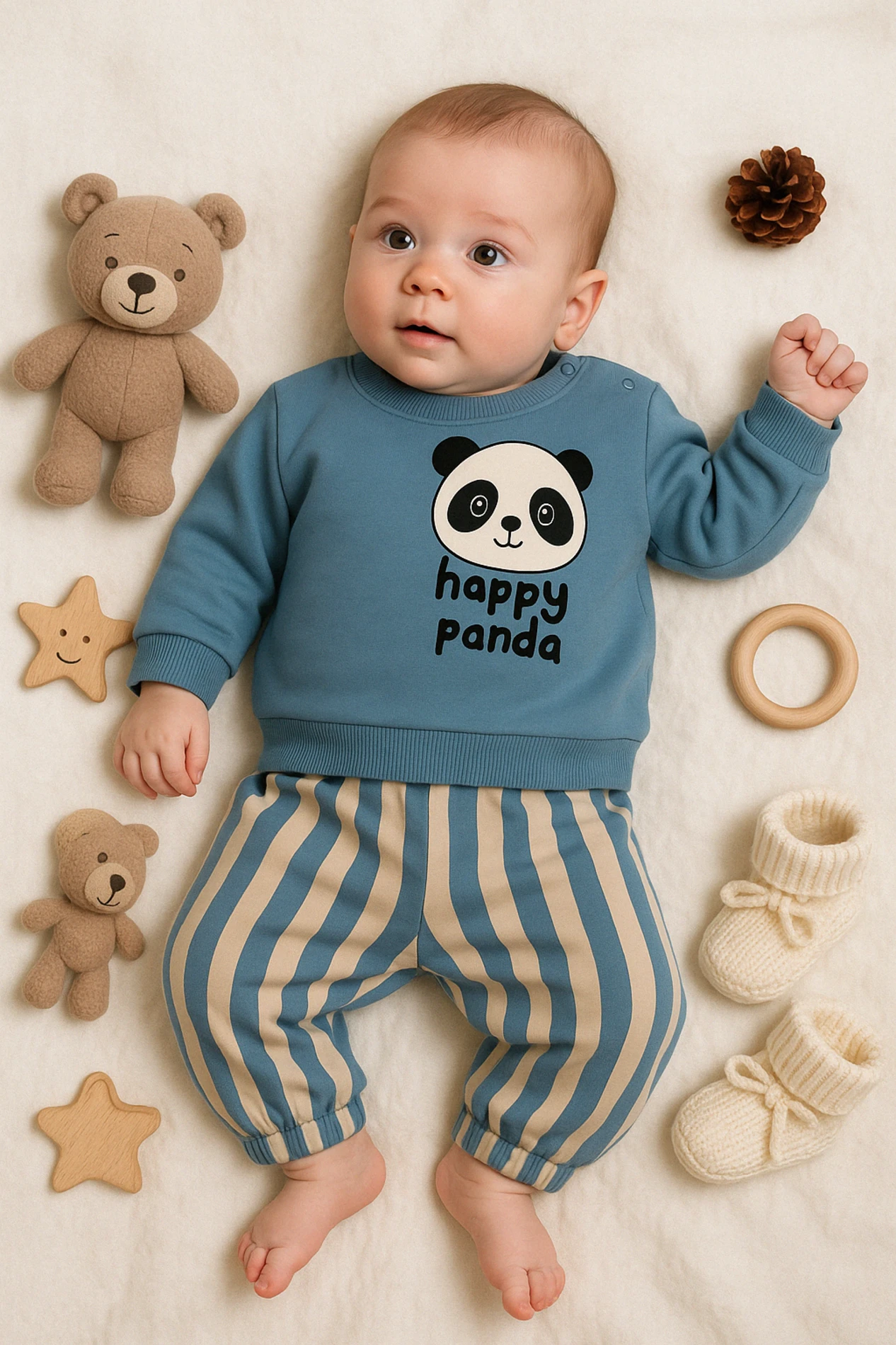Mini Mundo Panda Baskılı Pantolonu Çizgili 2’li Bebek Takım - Mavi