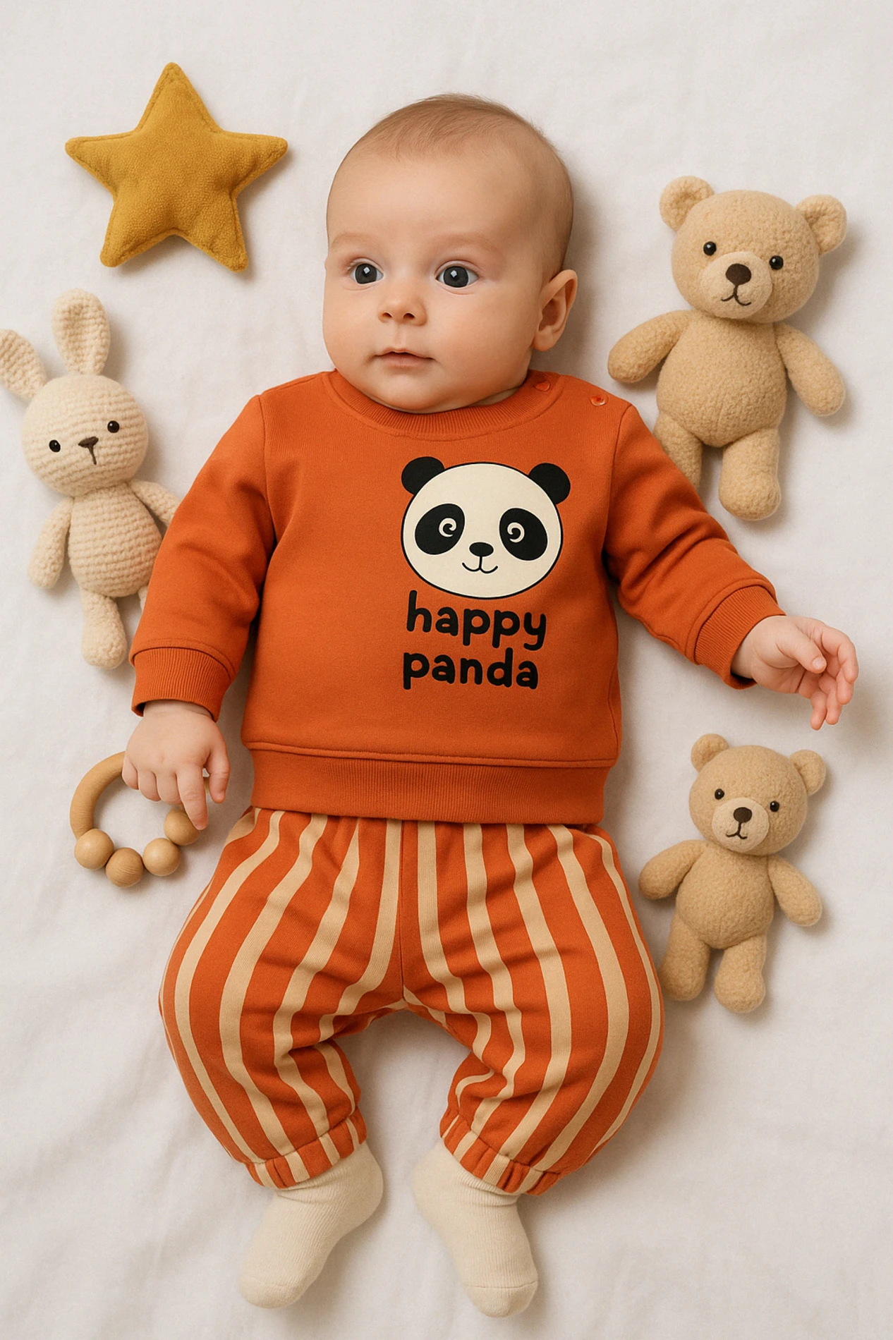 Mini Mundo Panda Baskılı Pantolonu Çizgili 2’li Bebek Takım - Turuncu