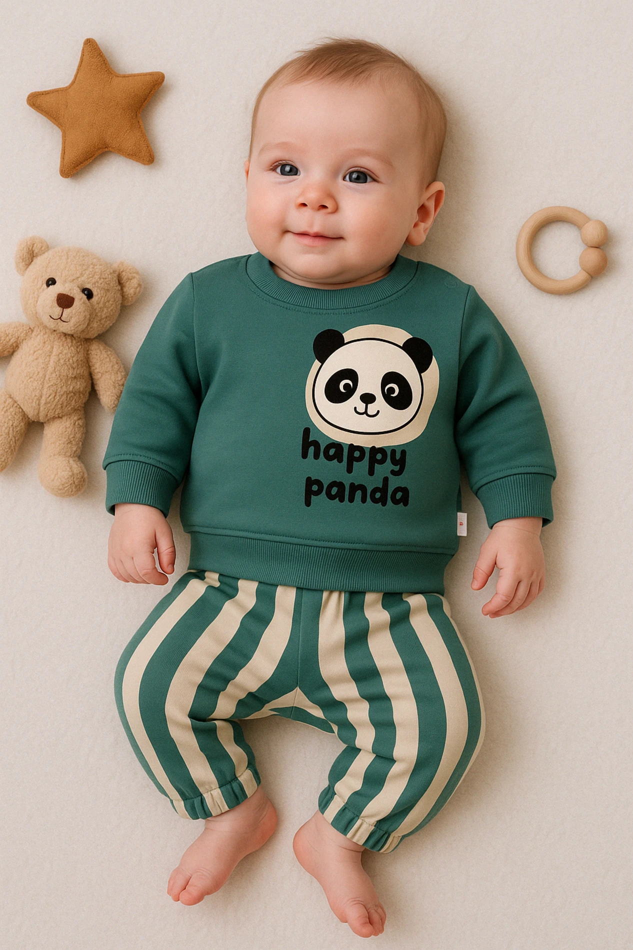 Mini Mundo Panda Baskılı Pantolonu Çizgili 2’li Bebek Takım - Yeşil