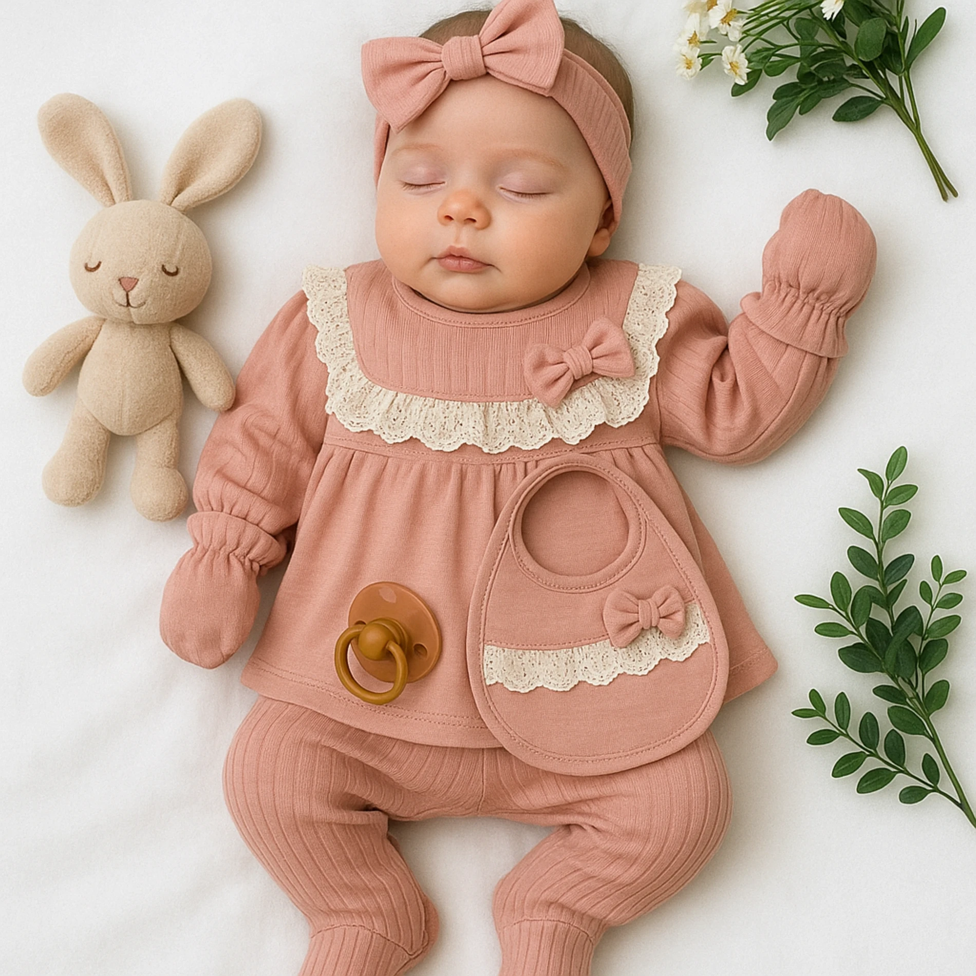 Minizeyn Madamme Dantelli Fiyonklu 5 Parça Hastane Çıkışı Seti