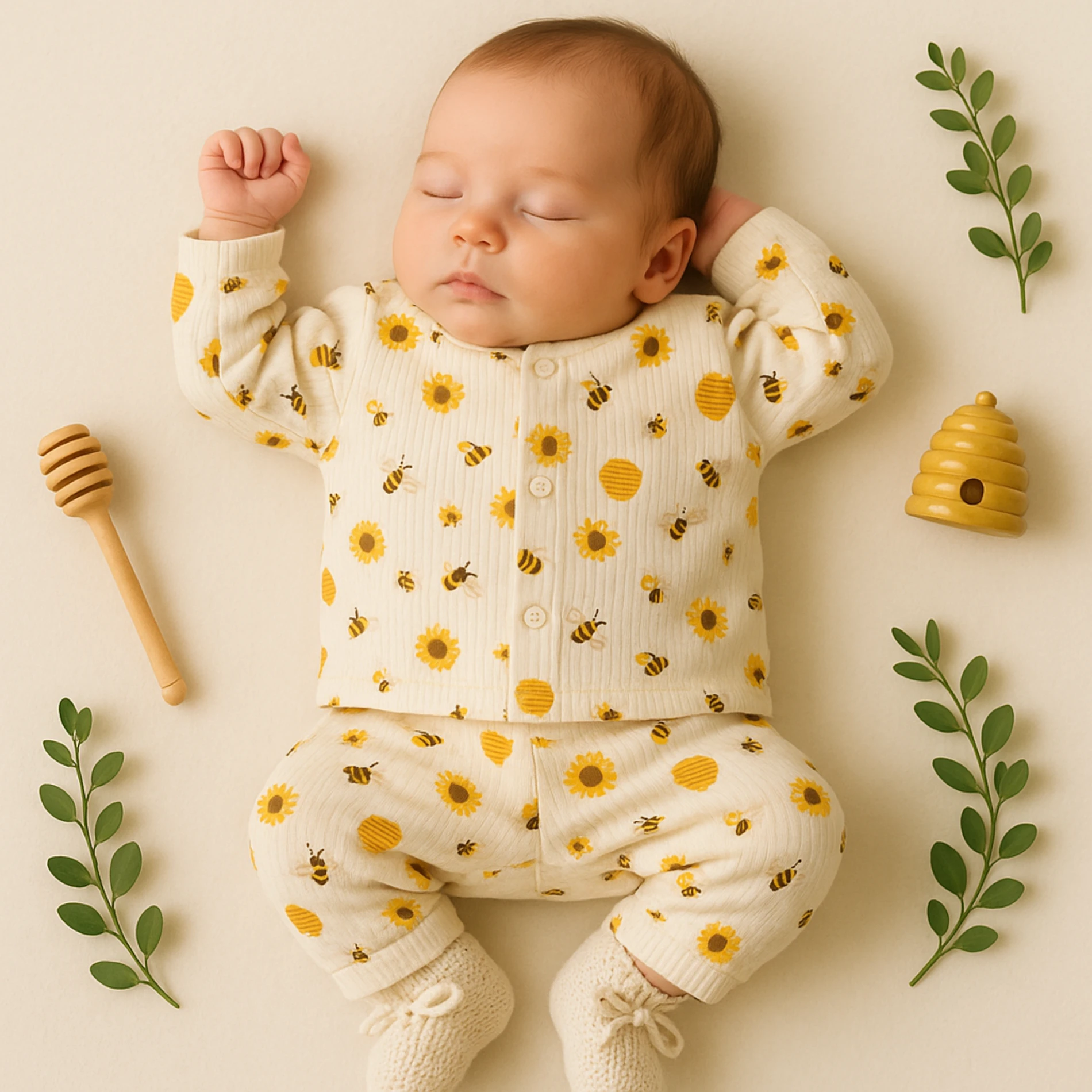 Nayinom Arılar Baskılı 2’li Bebek Pijama Takım - Bej