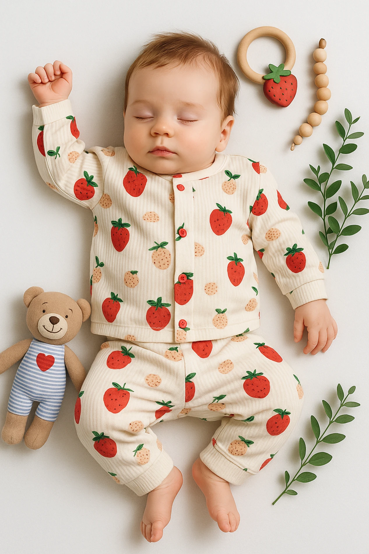 Nayinom Çilek Baskılı 2’li Bebek Pijama Takım - Bej