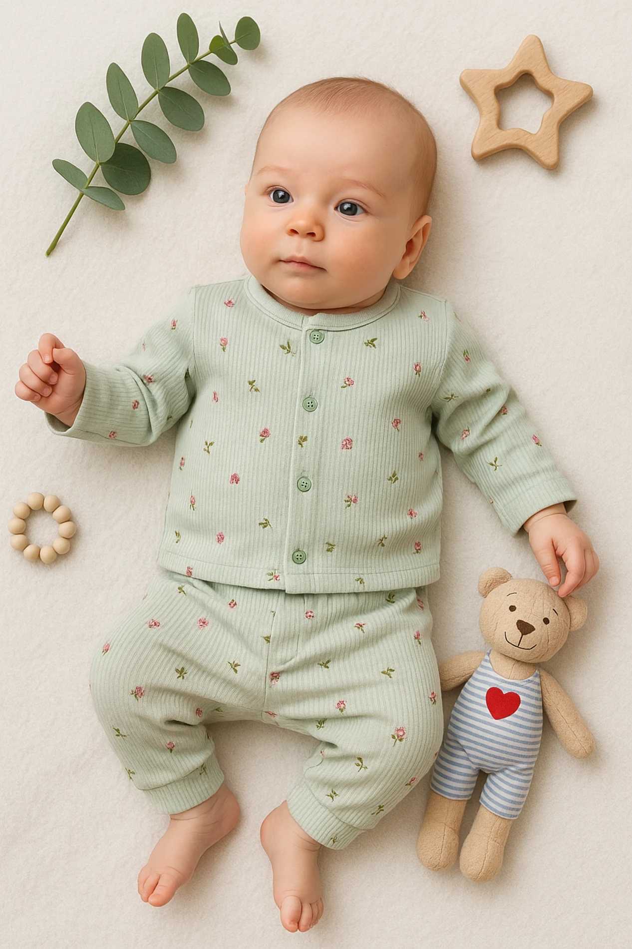 Nayinom Laleler Desenli Raporlu Kumaş 2’li Bebek Pijama Takım