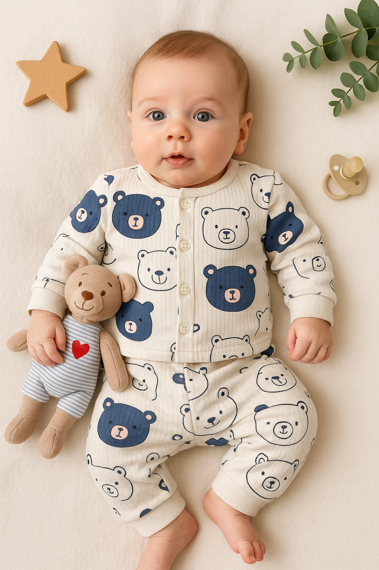 Nayinom Mutlu Ayıcıklar Baskılı Raporlu Kumaş 2’li Bebek Pijama Takım