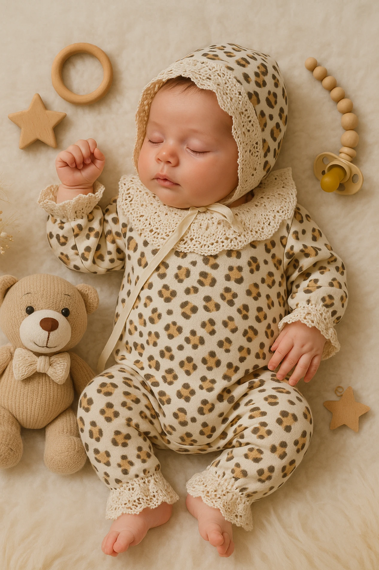 Obaby Yakası Çift Dantelli Leopar Desenli Şapkalı Bebek Tulum - Krem