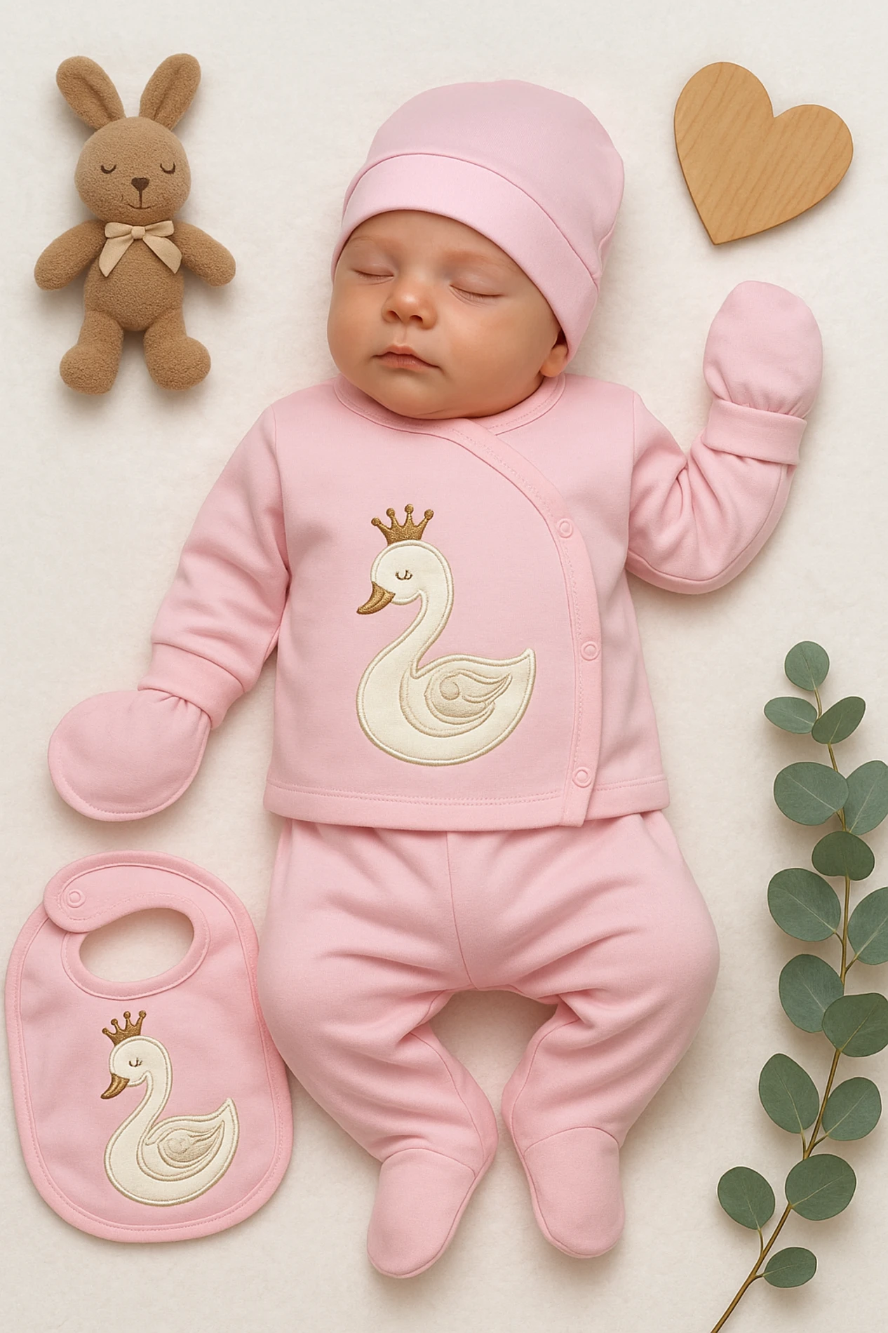 Baby Zuhu Kuğu Nakışlı Çizgili 5’li Hastane Çıkışı Seti