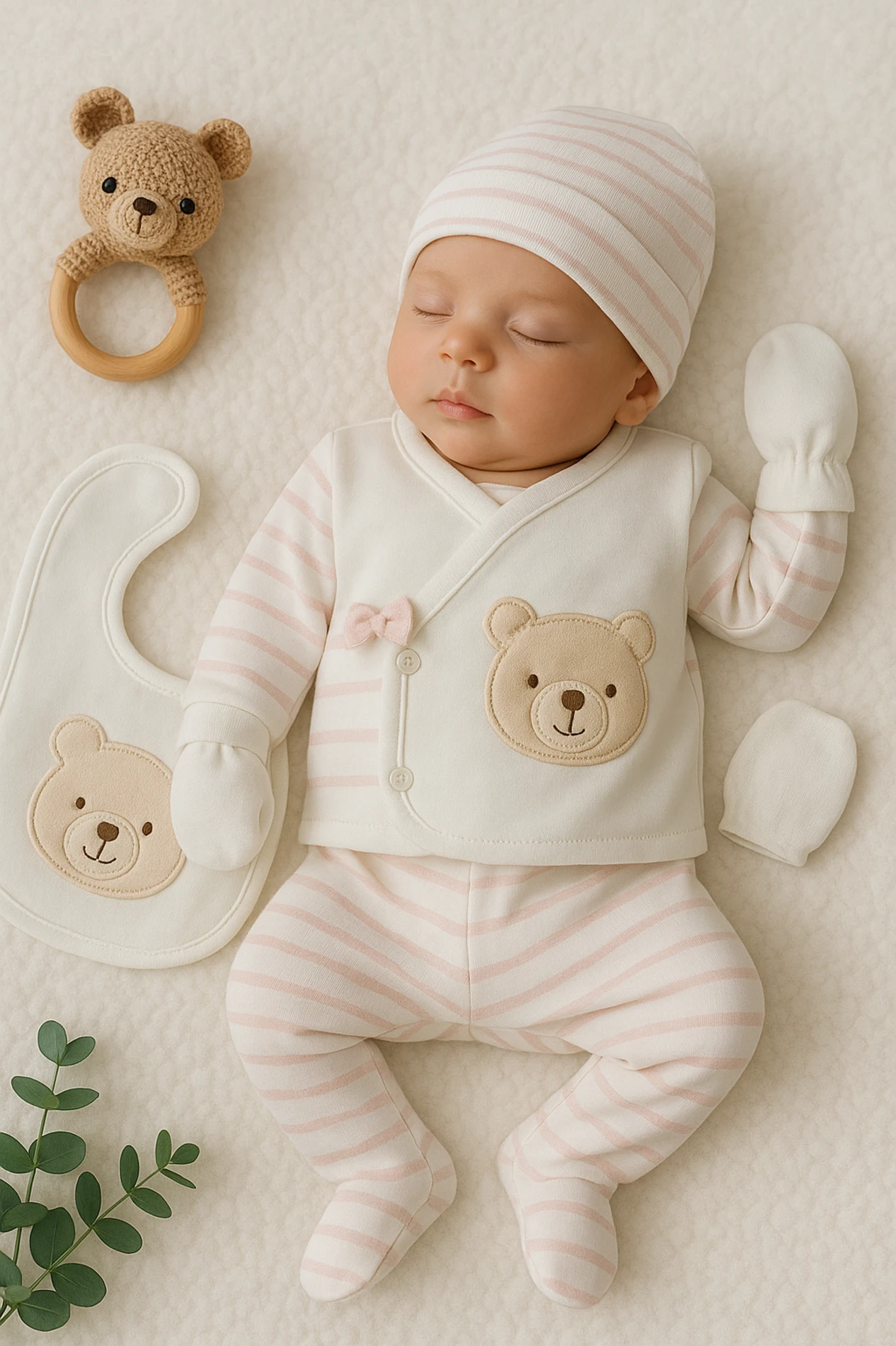 Baby Zuhu Kulağı Fiyonklu Ayıcık Nakışlı Çizgili 5’li Hastane Çıkışı Seti