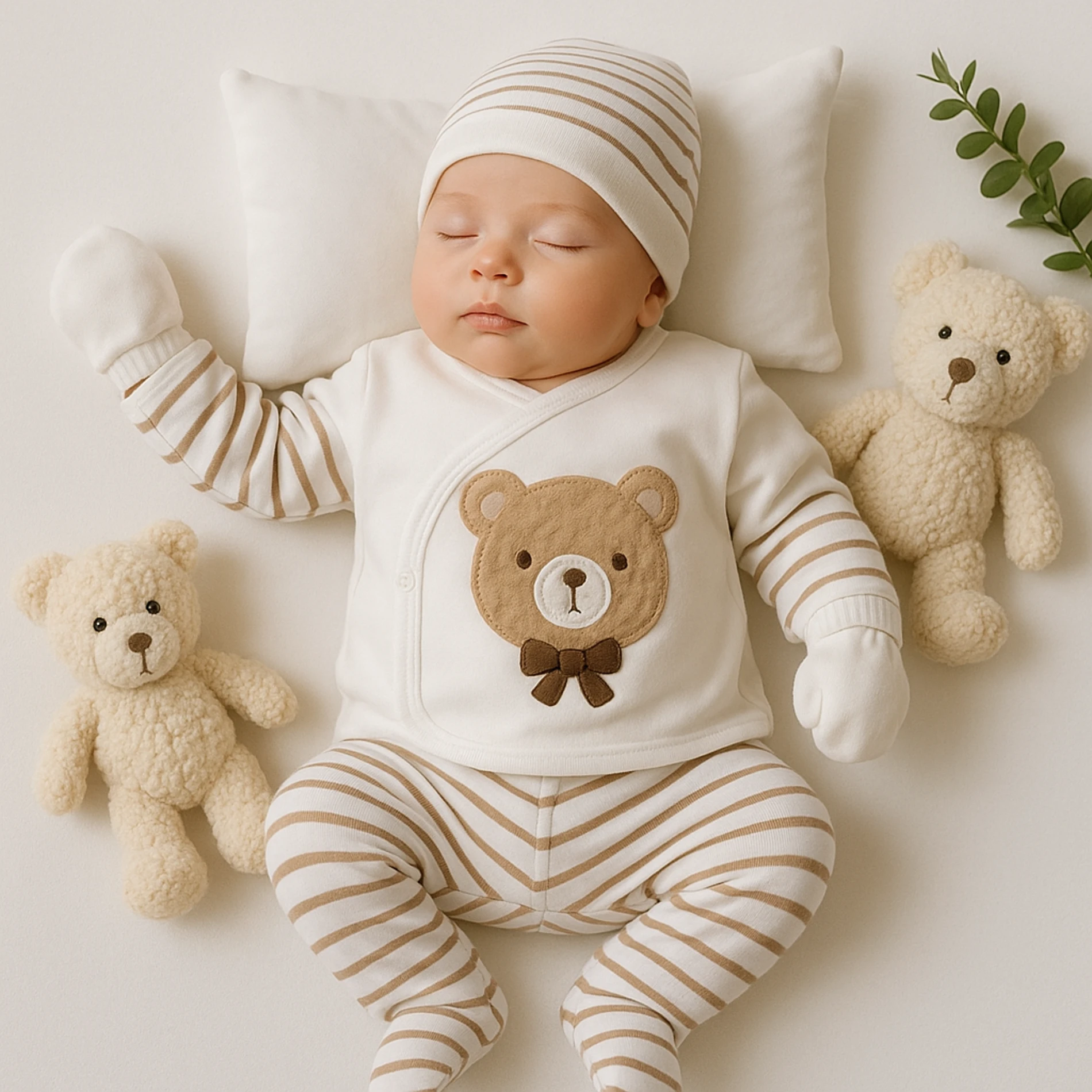 Baby Zuhu Papyonlu Ayıcık Nakışlı Çizgili 5’li Hastane Çıkışı Seti