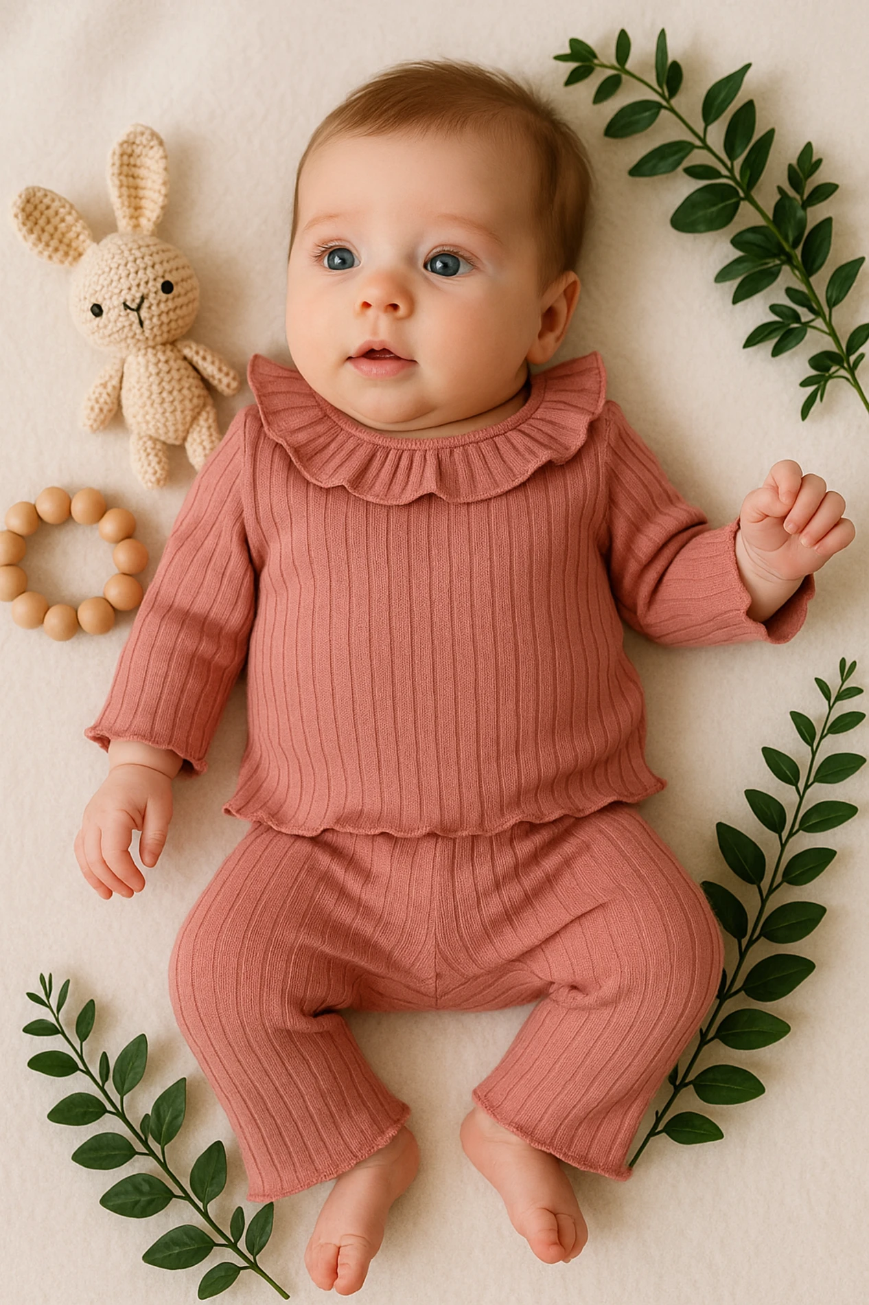 Babycan Yakası Fırfırlı Raporlu Kumaş 2’li Kız Bebek Takım