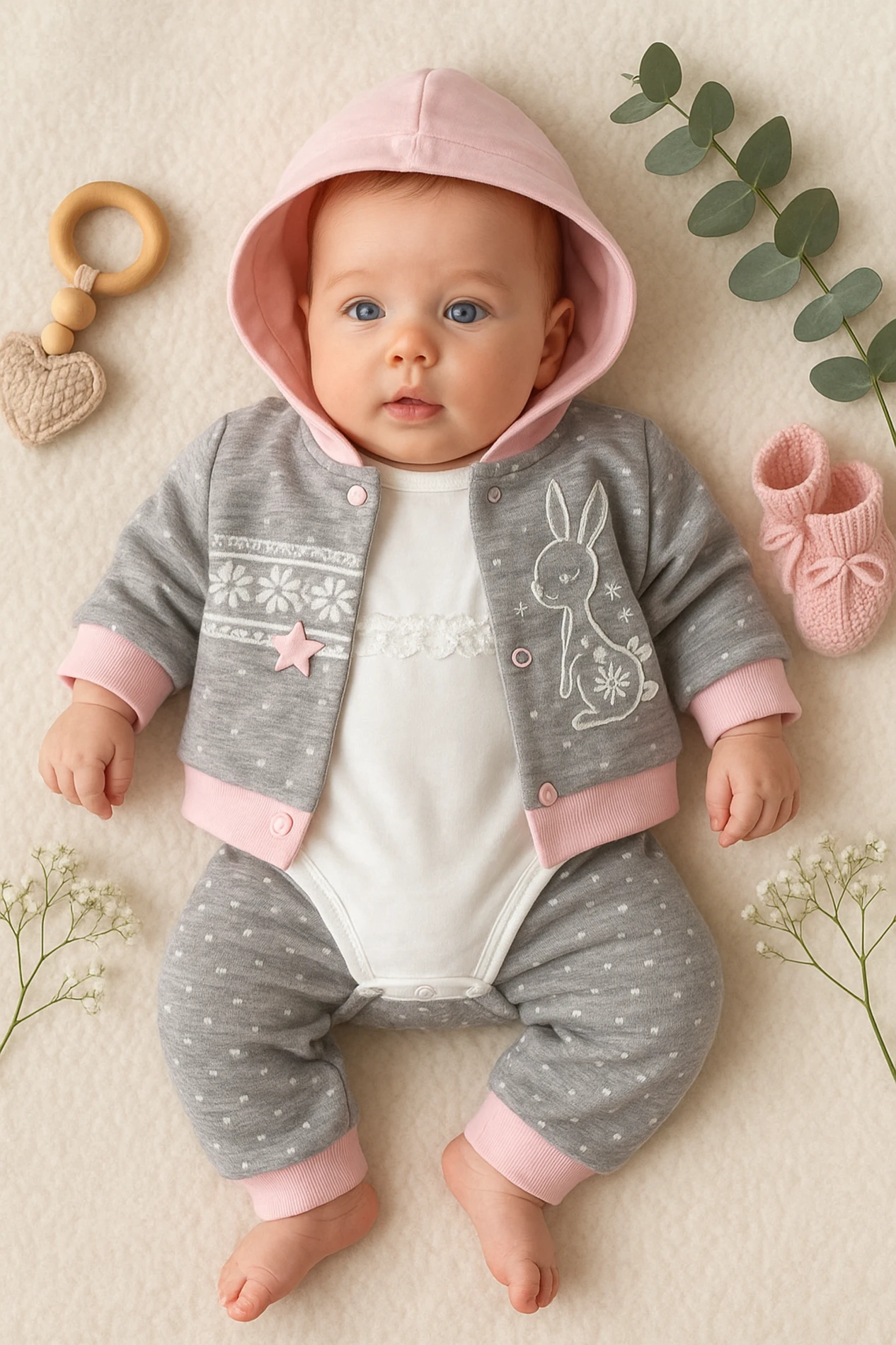 Babyim Hırkalı Dantelli Tavşan Nakışlı Badili 3’lü Bebek Takım - Gri Pembe 
