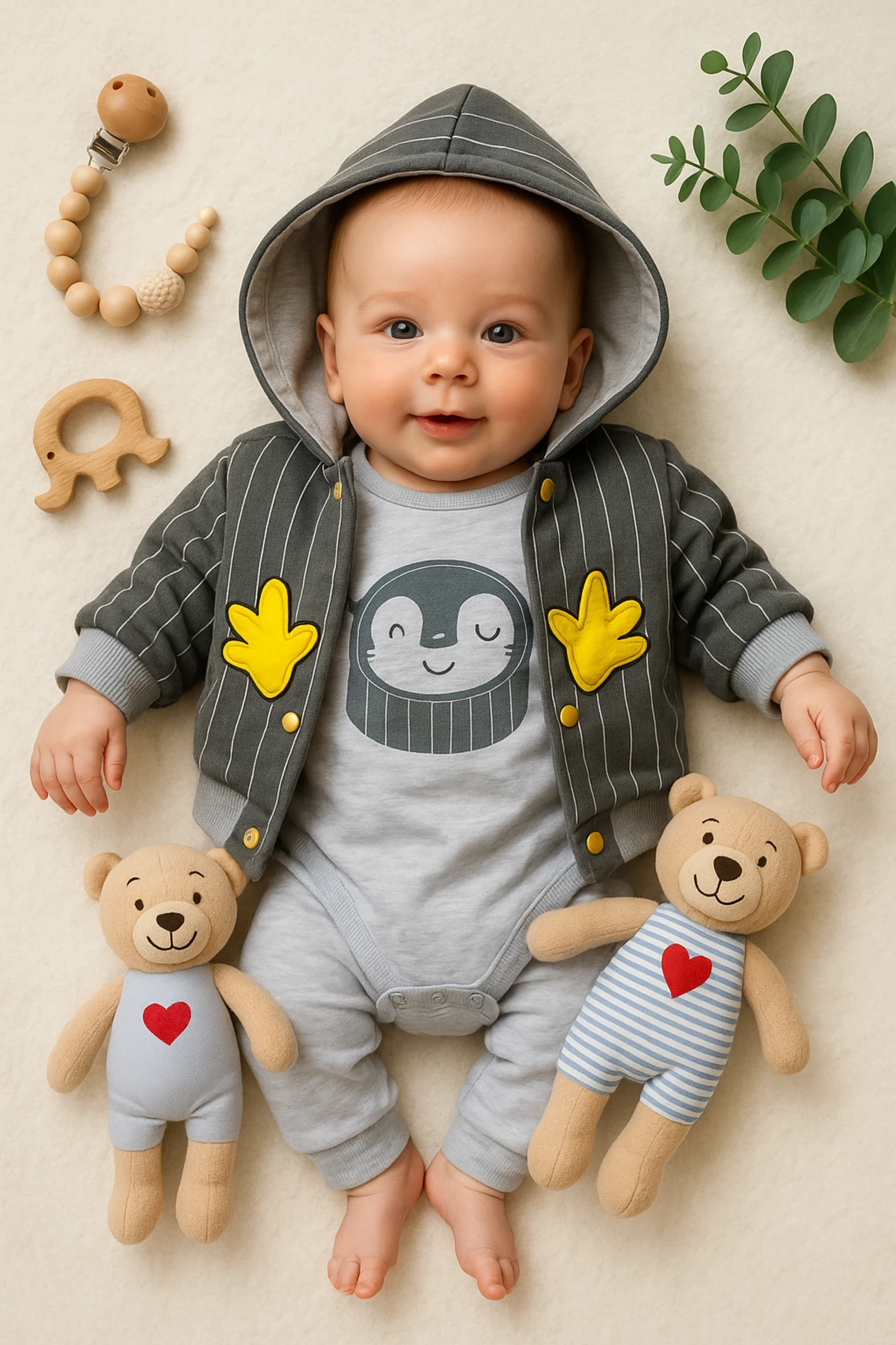Babyim Hırkalı El Aksesuarlı Ayıcık Nakışlı Badili 3’lü Bebek Takım - Füme