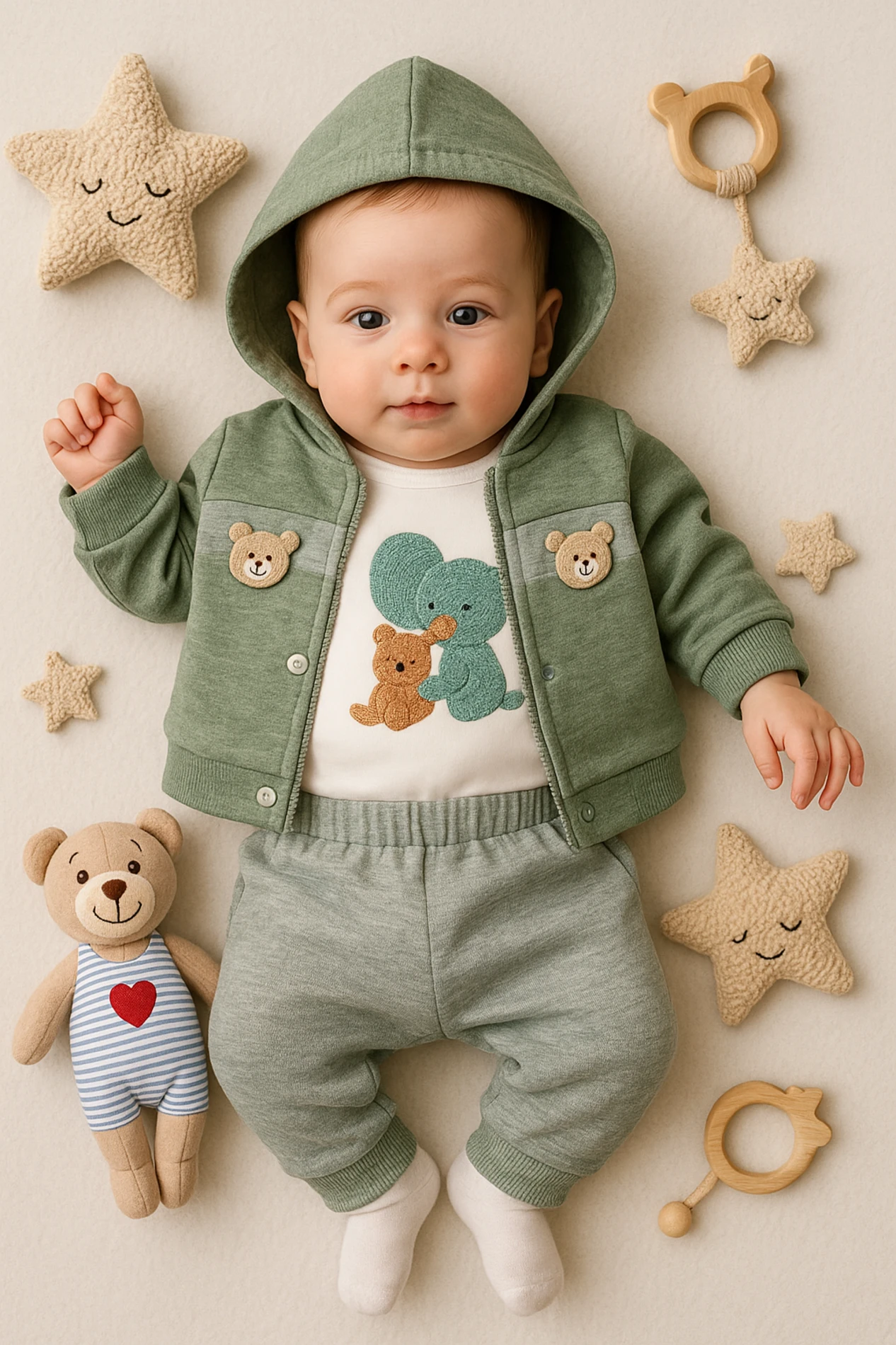 Babyim Hırkalı Süzene Ayıcıklar Nakışlı Badili 3’lü Bebek Takım
