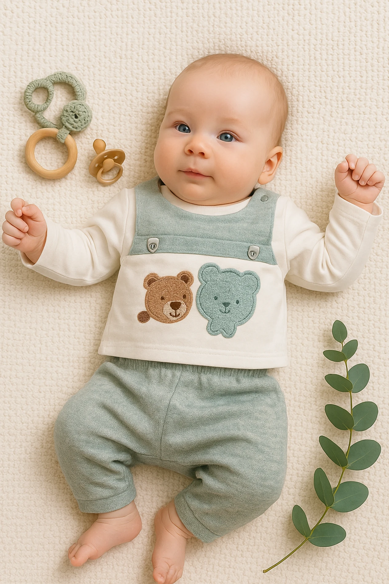 Babyim İki Ayıcık Nakışlı Omuzdan Çıtçıtlı 2’li Bebek Takım