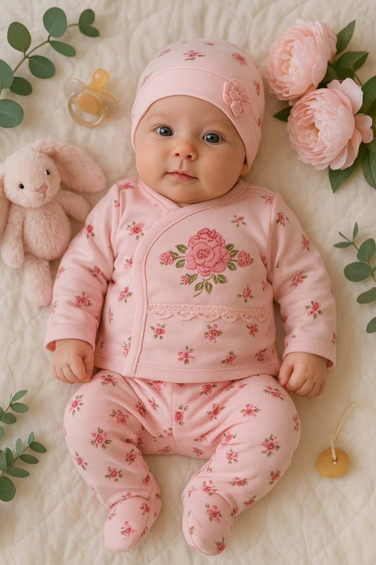 Babyim Kaneviçe Gül Nakışlı Şapkalı 3’lü Set
