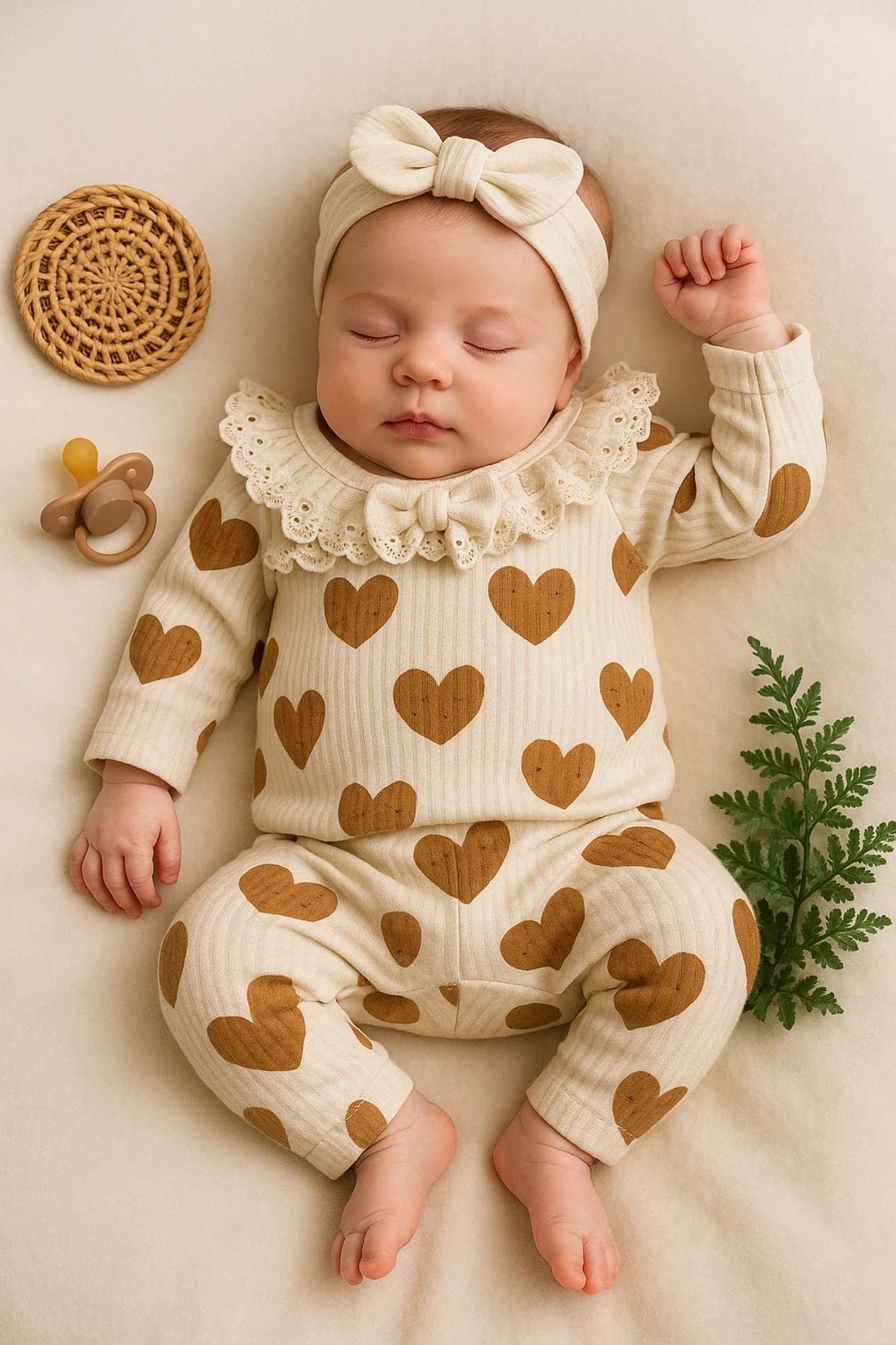 Cayzen My Heart Baskılı Fitilli Kumaş Bandanalı 3’lü Bebek Takım - Bej