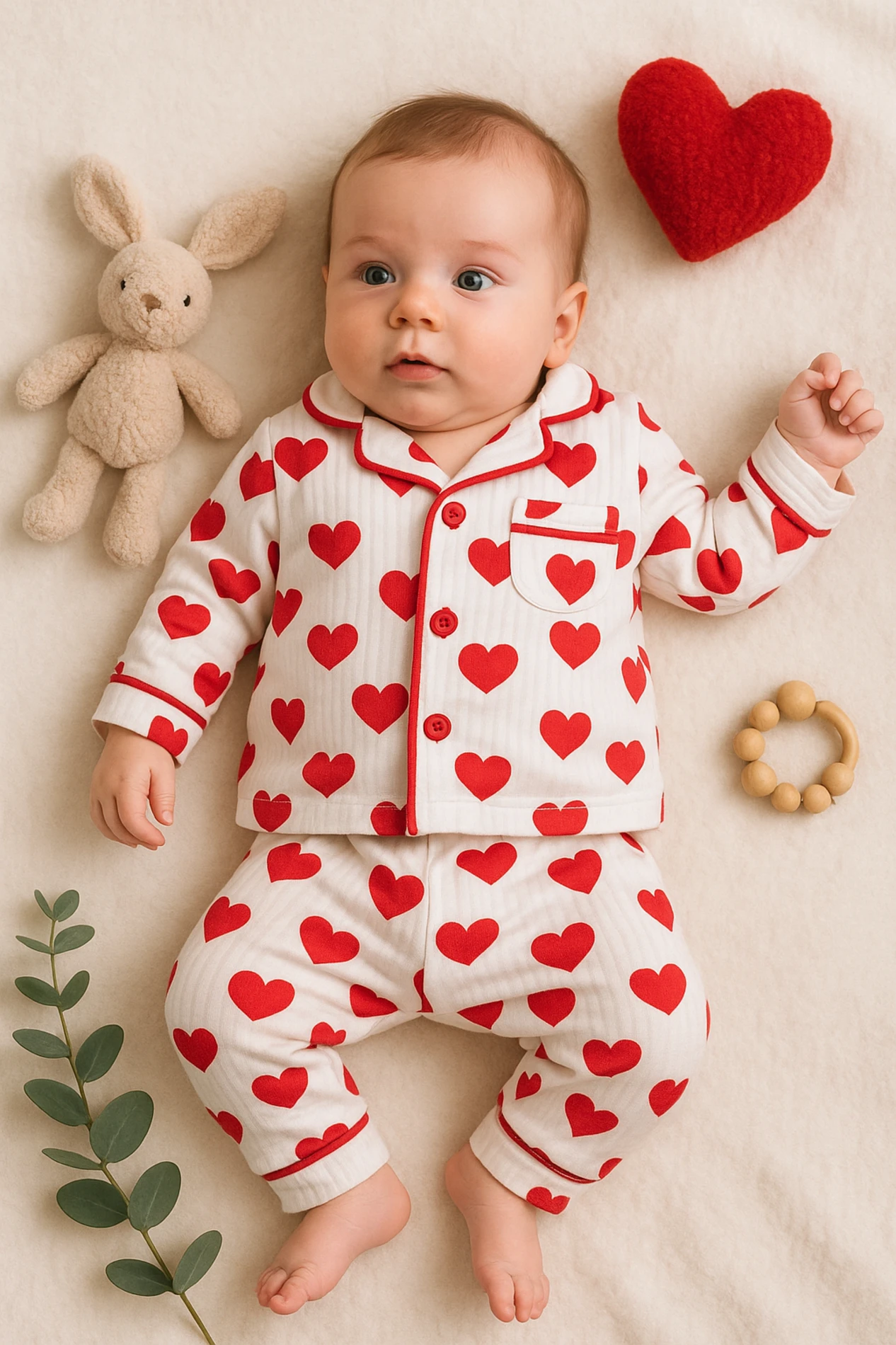 Dolaş Kalp Baskılı Fitilli Kumaş Bebek Pijama Takım