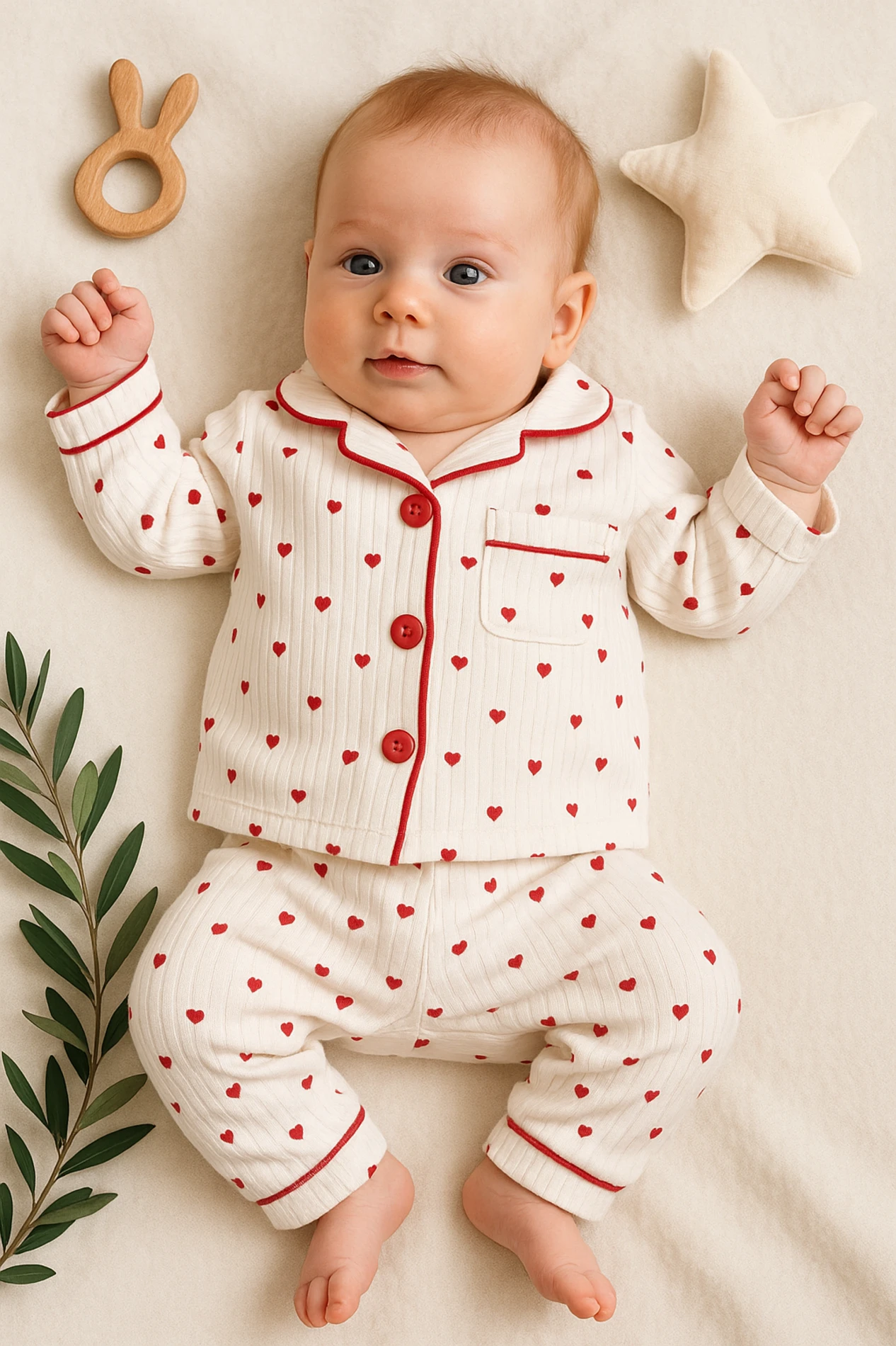 Dolaş Küçük Kalp Kalp Baskılı Fitilli Kumaş Bebek Pijama Takım