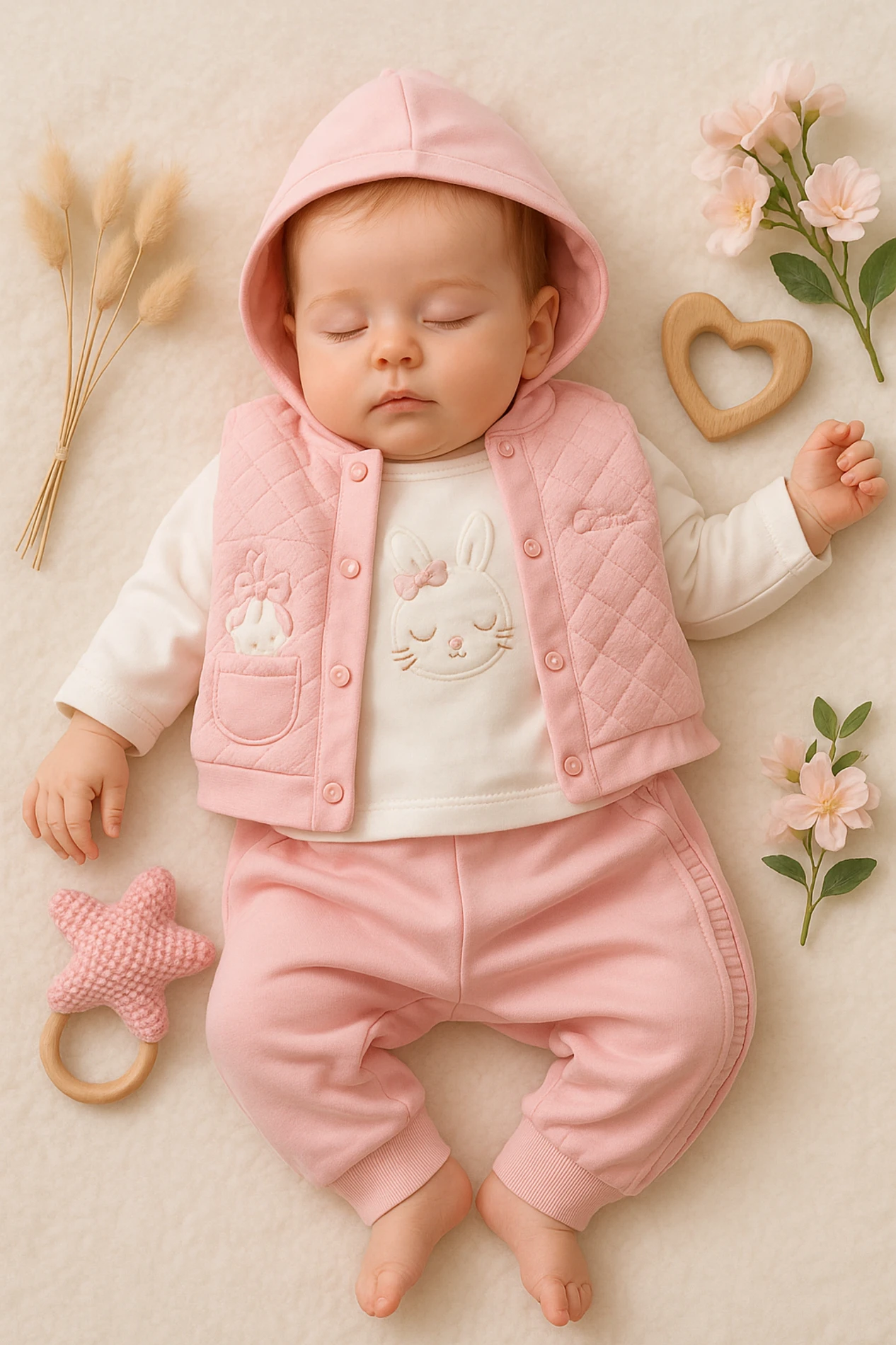 Hippıl Yelekli Sweet Bunny Nakışlı Badili 3’lü Bebek Takım - Somon