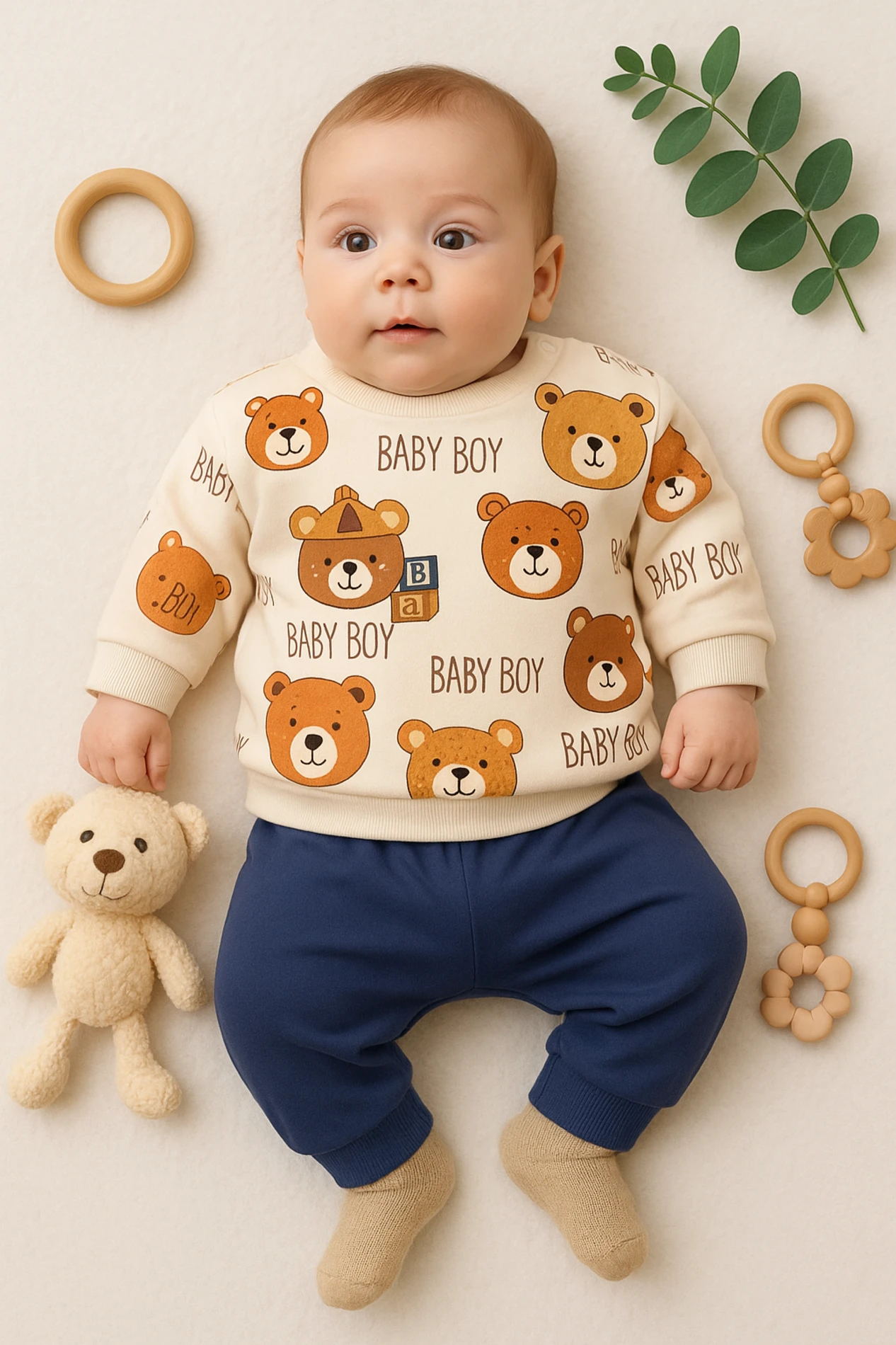 Mini Mundo Baby Boy Ayıcık Baskılı 2’li Bebek Takım