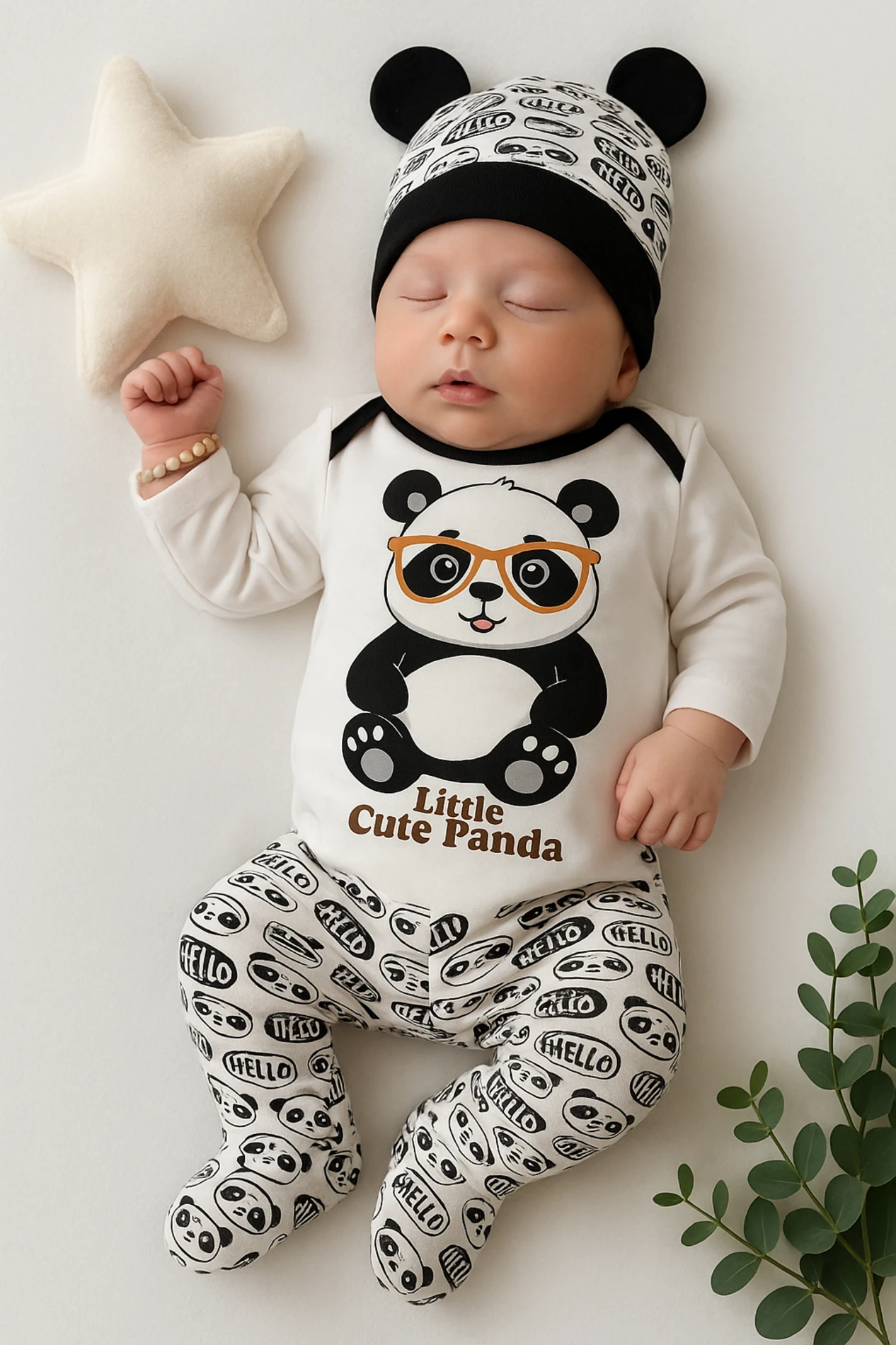 Minibird Gözlüklü Panda Baskılı Şapkalı 3’lü Bebek Takım