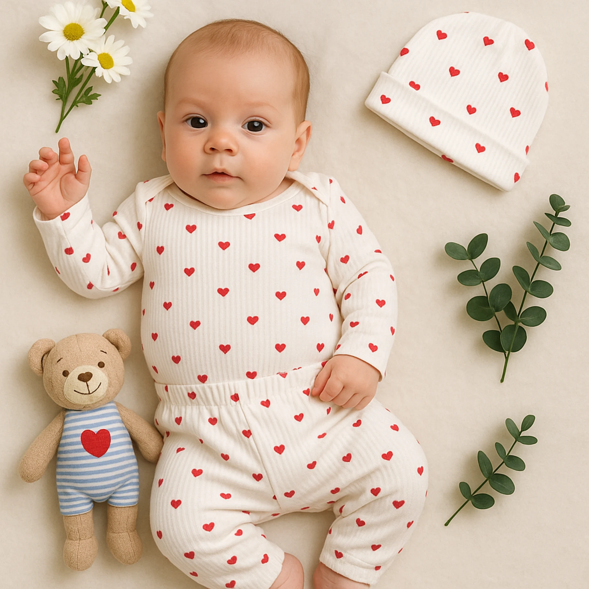 Minibird Minik Kalpler Baskılı Şapkalı 3’lü Bebek Takım