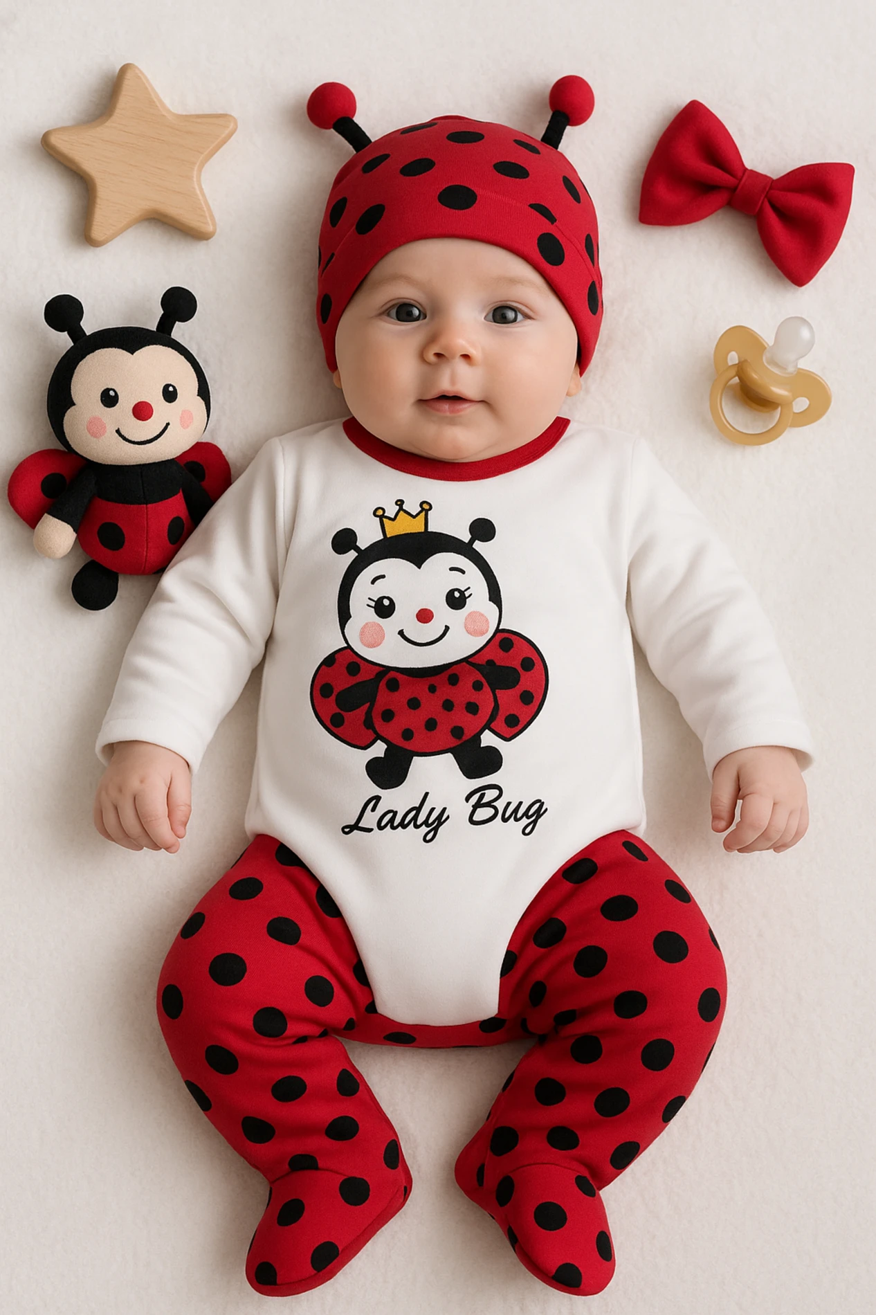 Minibird Sevimli Uğurböceği Baskılı Şapkalı 3’lü Bebek Takım