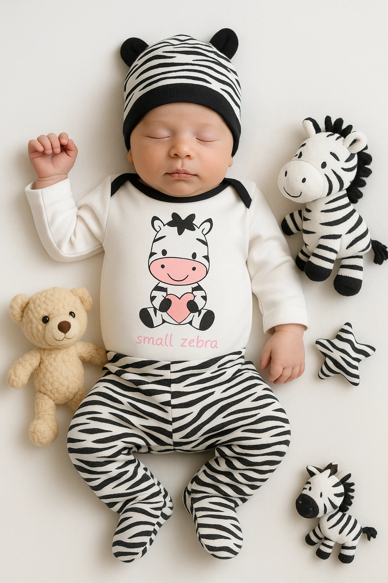 Minibird Zebra Baskılı Şapkalı 3’lü Bebek Takım