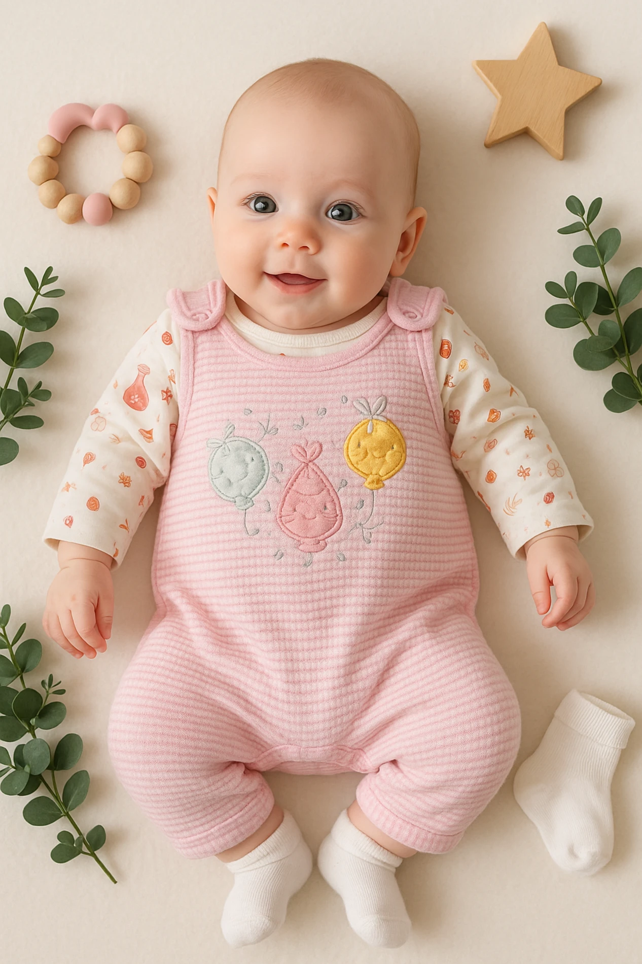 Nafitto Waffle Kumaş Salopetli Meyveler Nakışlı Badili Bebek Tulum - Pembe